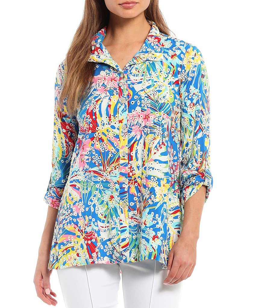 John Mark Floral Embroidered Eyelet Button Front Tunic