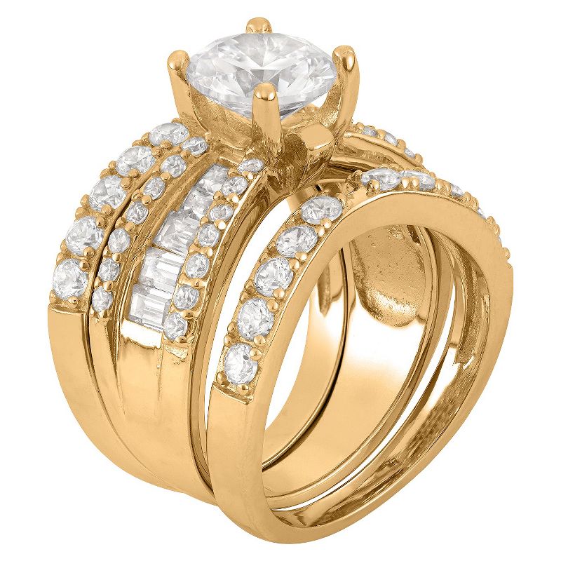 3.91 CT. T.W. 8mm Round-Cut Cubic Zirconia with Baguette Side Stones 3-Piece Ring Set In 14K Gold Over Silver - (5)