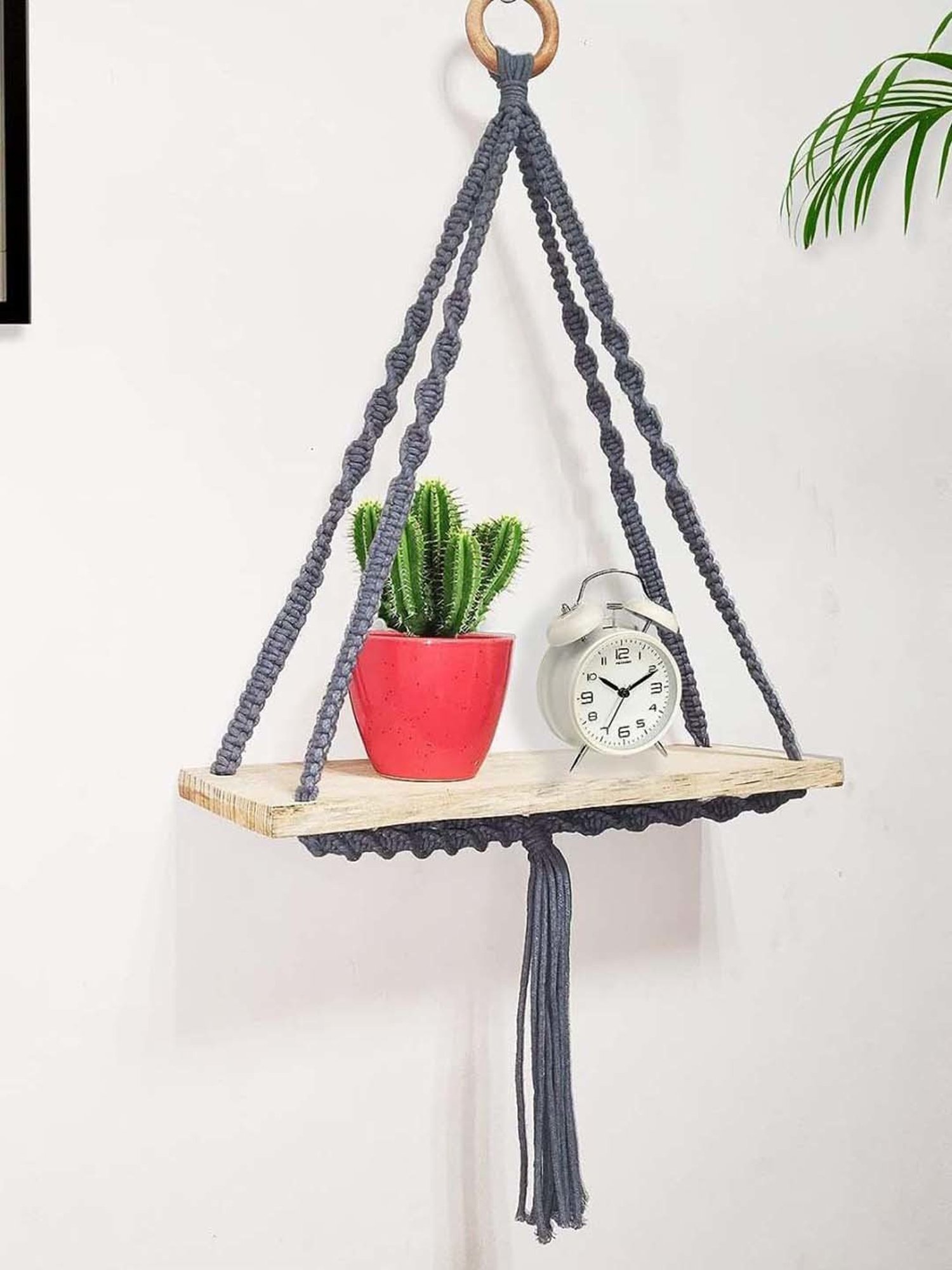 Homesake Grey Wood Triangle Macrame Wall Hanging Shelf