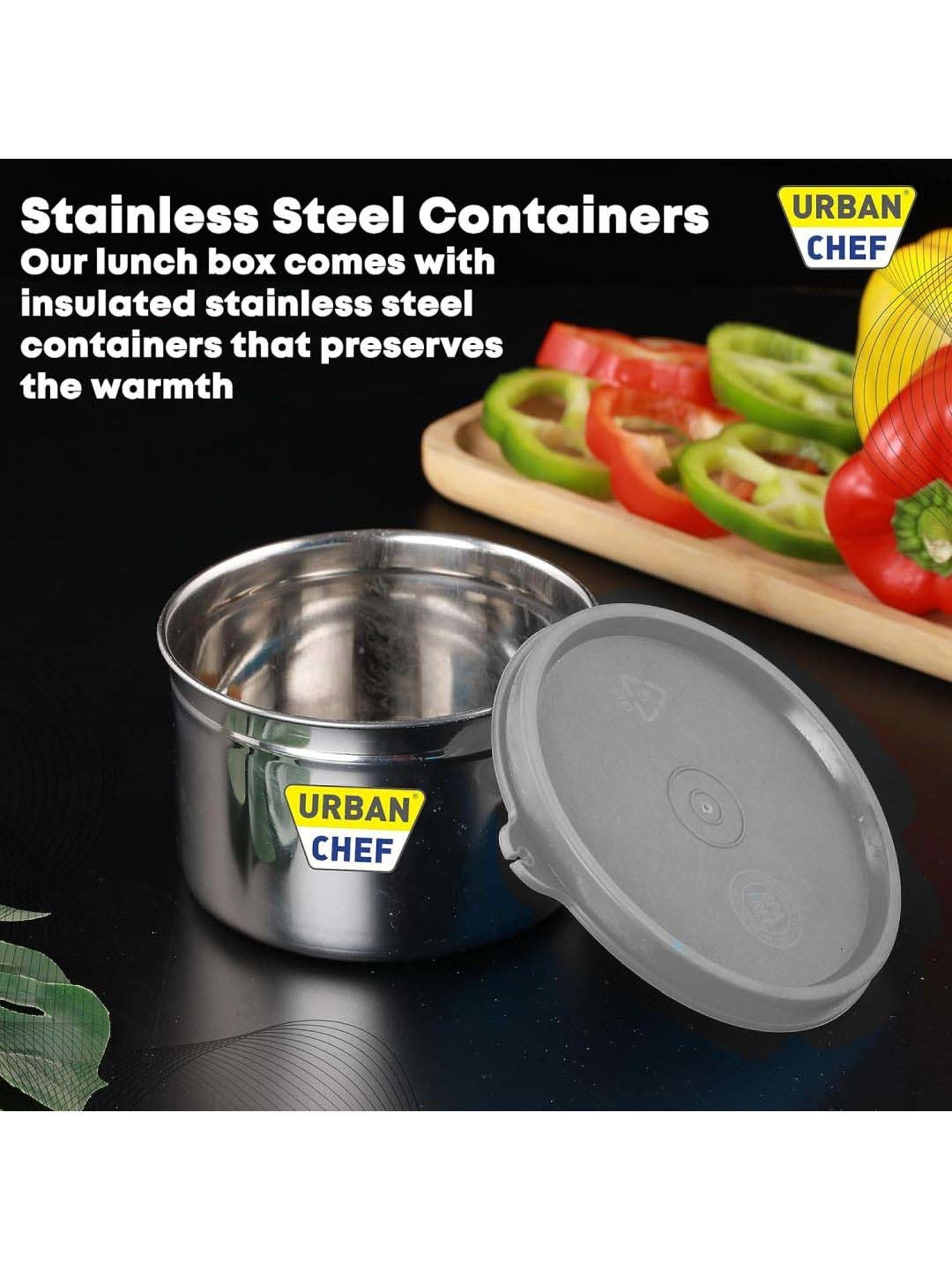 Urban Chef Grey Stainless Steel Complete Full Meal & Easy To Carry Lunch Box - Set of 3