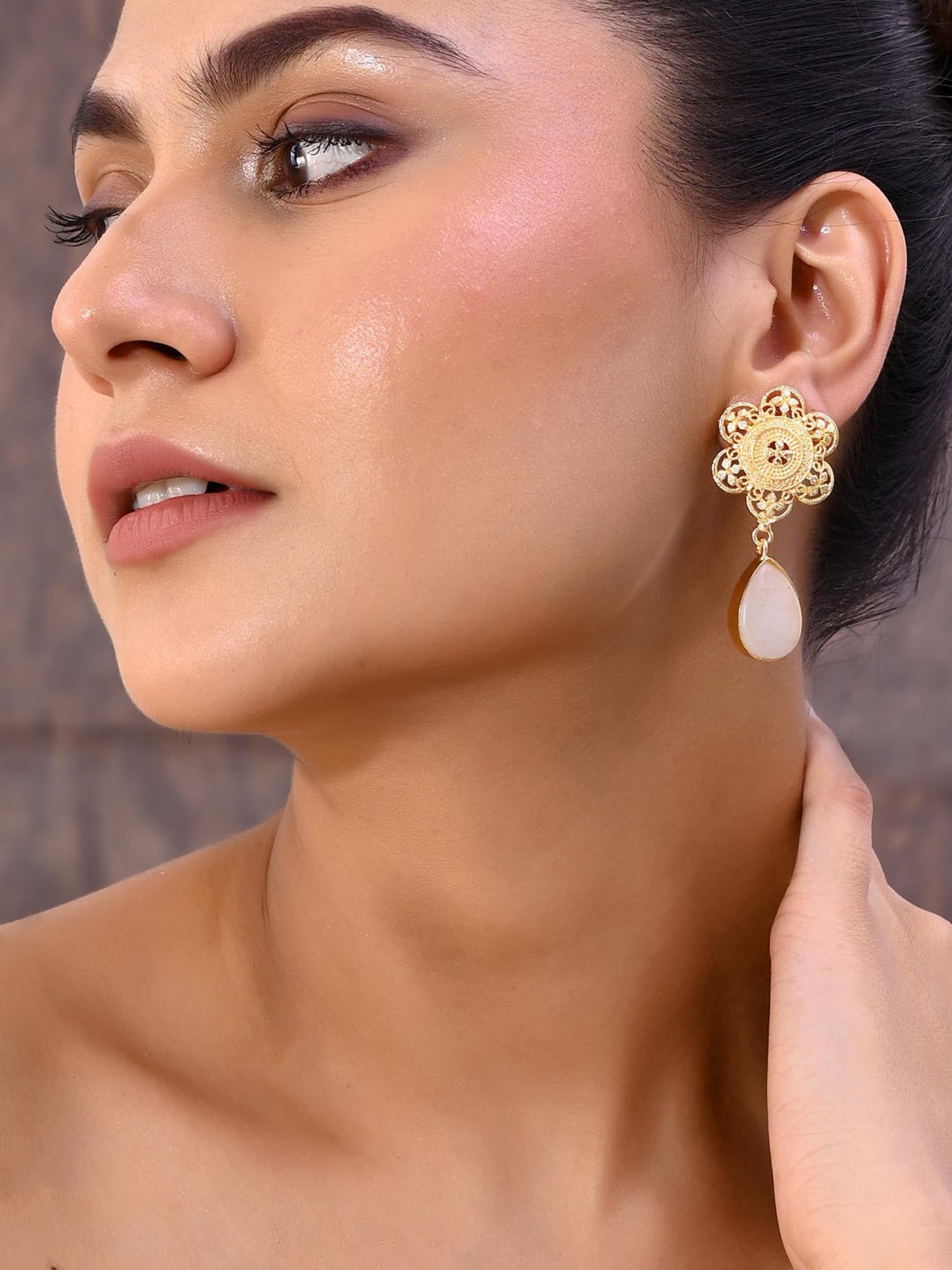 VOJ Gold Plated Flower Shaped Stone Studded Drop Earrings for Women