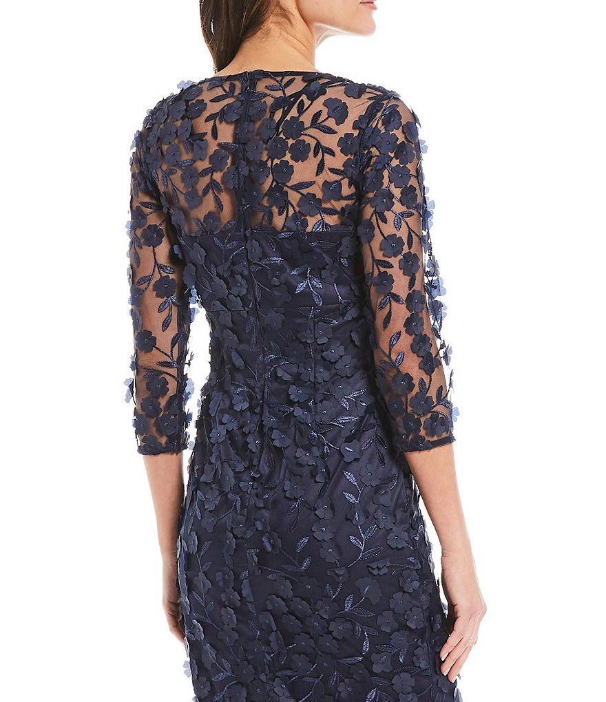 Eliza J 3D V-Neck 3/4 Sheer Sleeve Floral Mesh Sheath Dress