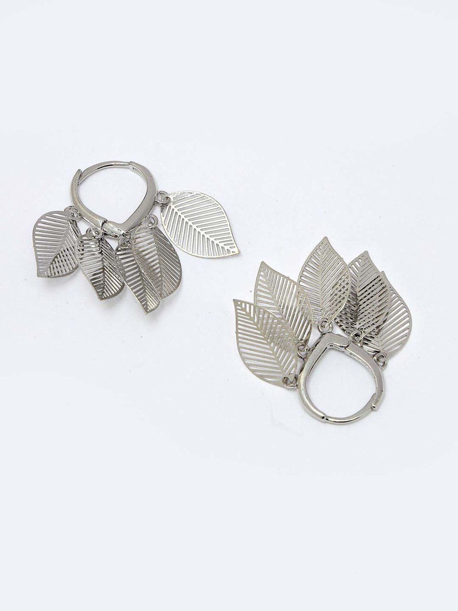 NVR Rhodium Plated Leaf Shaped Drop Earrings for Women