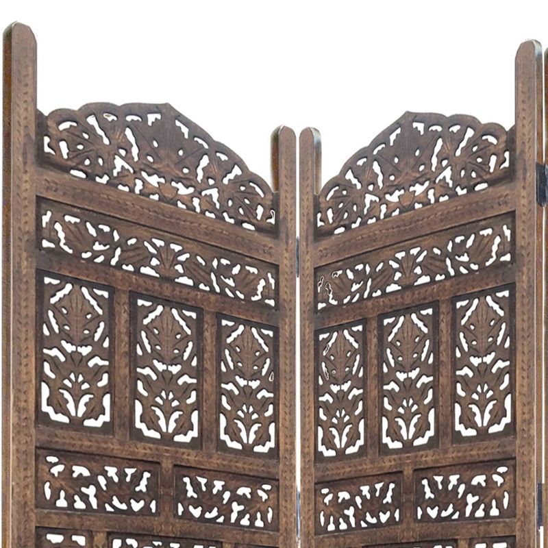 4 Panel Mango Wood Screen with Intricate Carvings Brown - Benzara