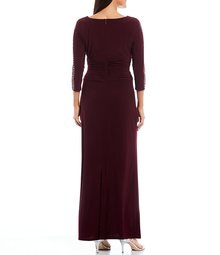 Ignite Evenings Embellished 3/4 Sleeve Ruched Bodice Column Gown