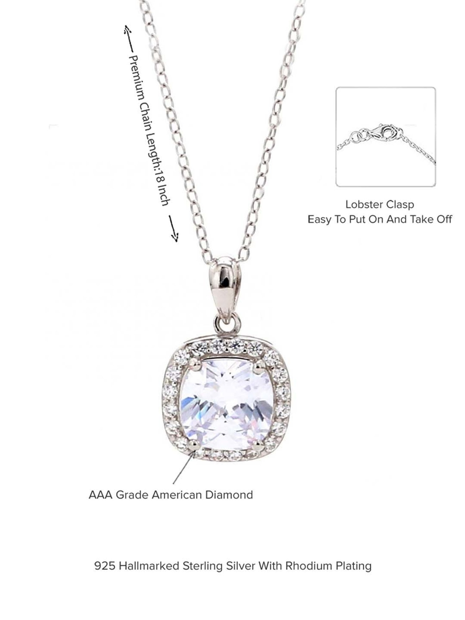 925 Silver Cushion Cut American Diamond Halo Pendant with 18-inch Chain for Women & Girls