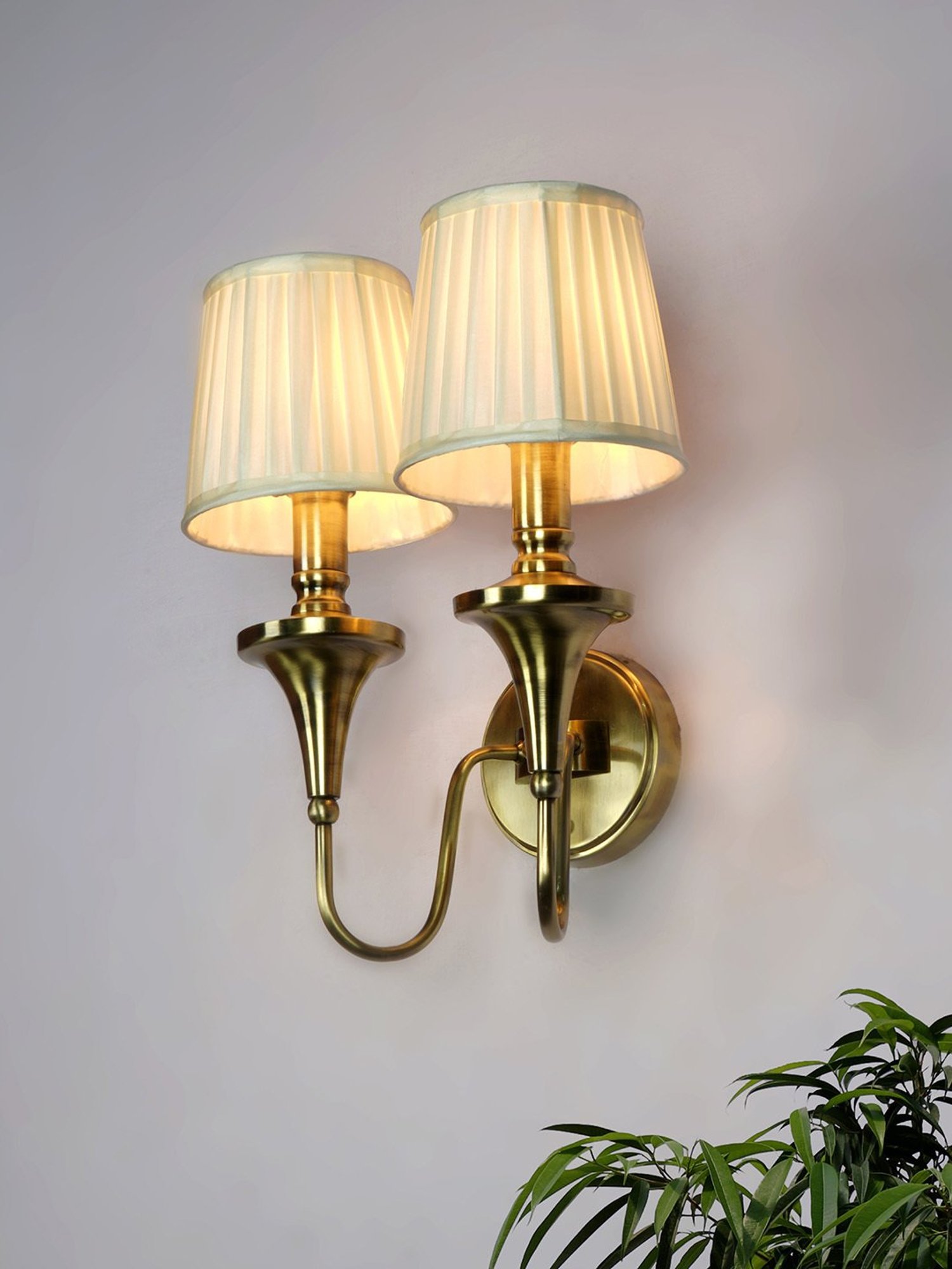 Fos Lighting Gold 15-Inch Brass Double Wall Lamp With White Pleated Fabric Shades