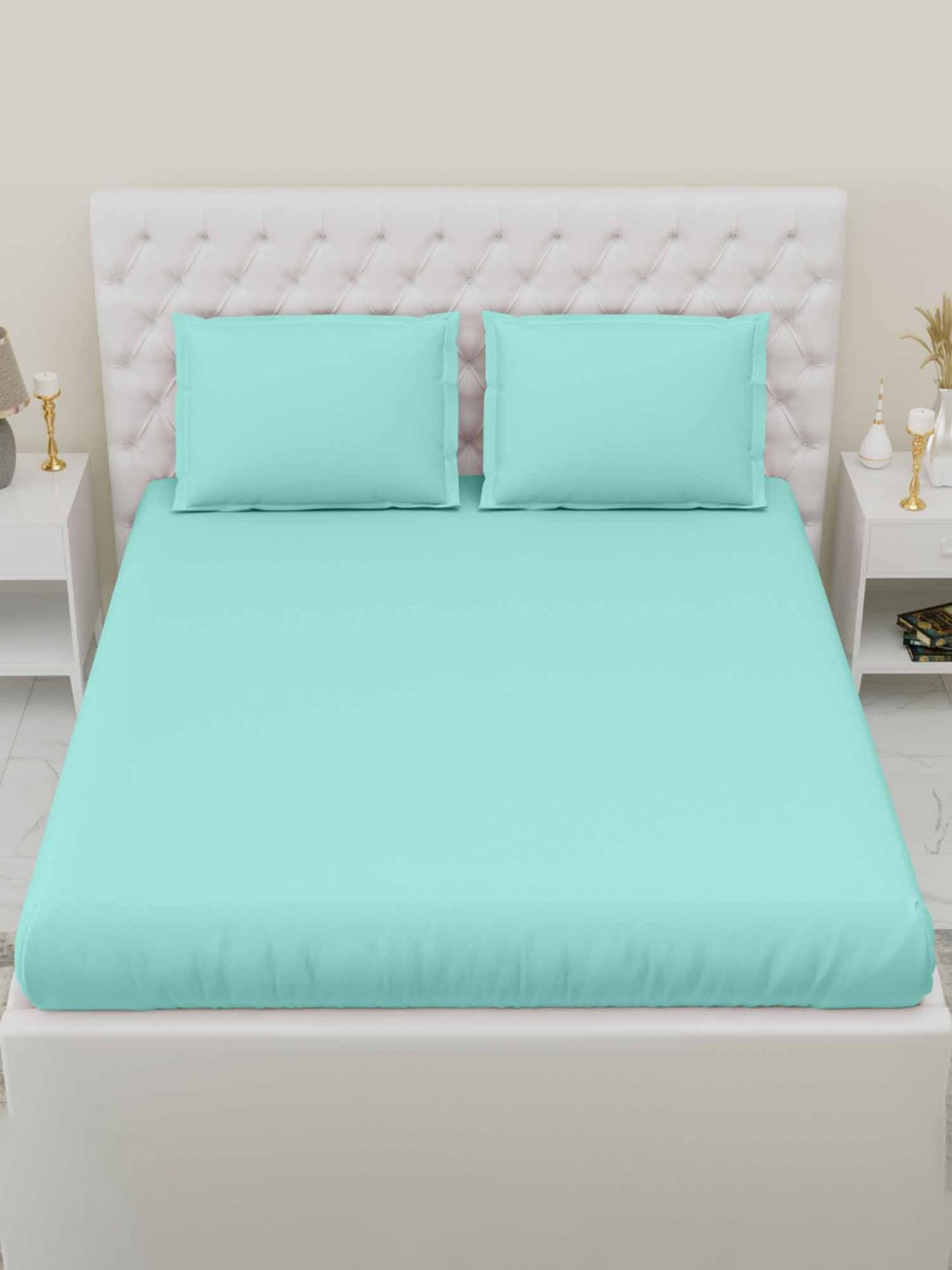 Haus & Kinder Solid Green 300 TC Cotton Bed Sheet with 1 Pillow Cover