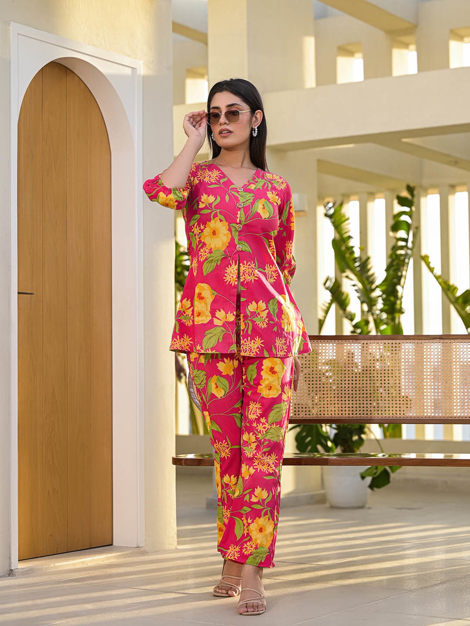 Yufta Pink Floral Print Tunic & Palazzo Set