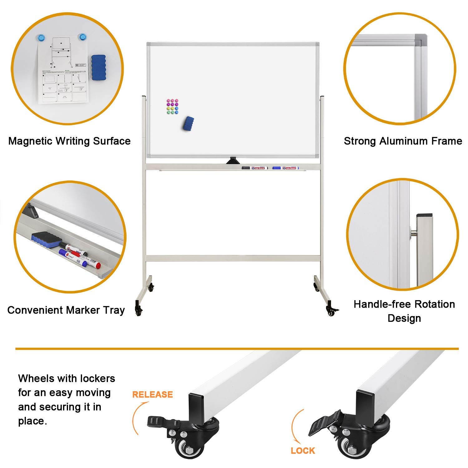 Mobile Whiteboard, 48 x 32 Inches Double Sided Dry Erase Board with Stand Magnetic White Board Easel Stand Board on Wheels with 6 Magnets, 3 Markers, 1 Magnetic Dry Eraser for Home, Office, Teaching