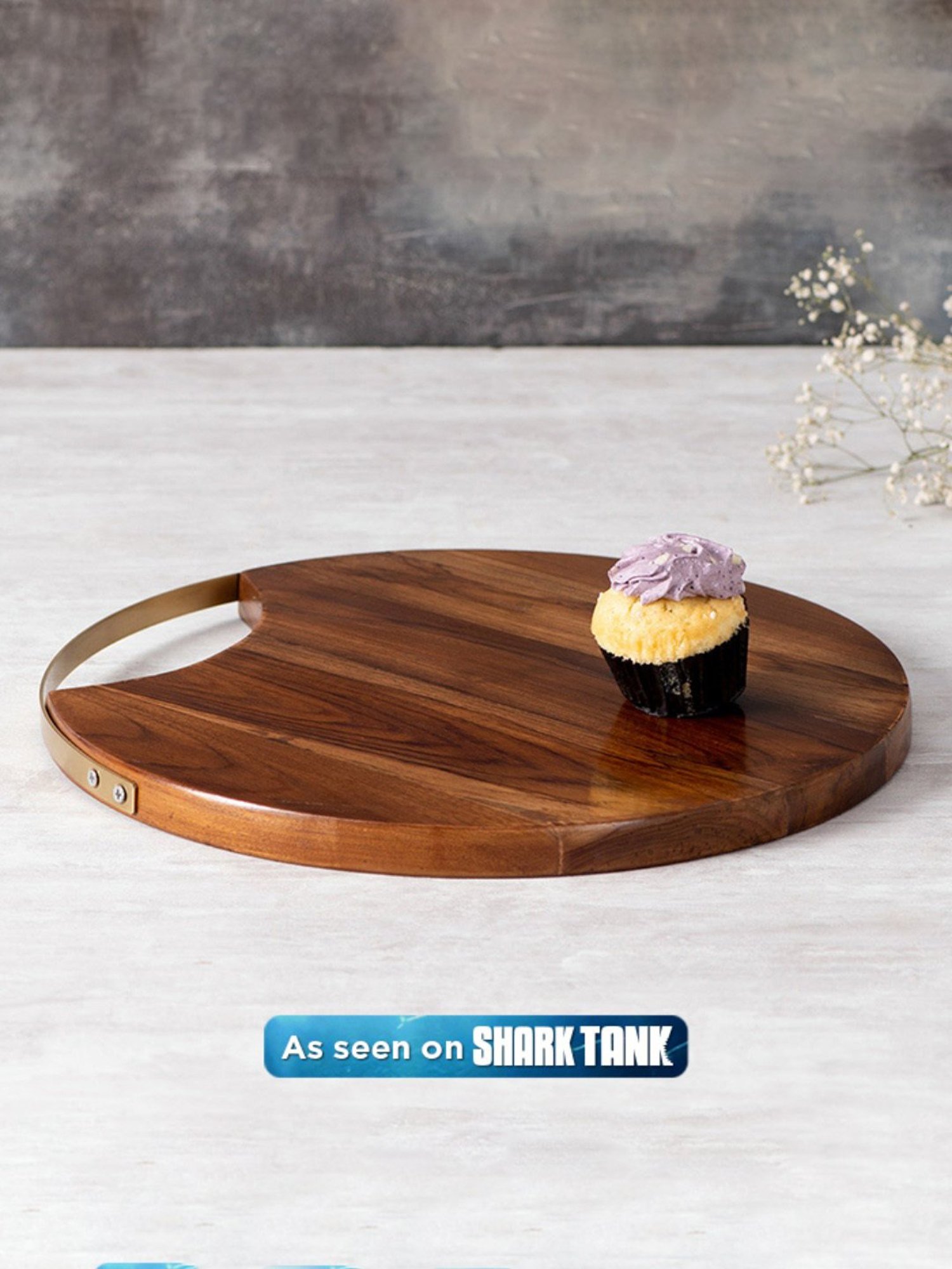 nestroots Wooden Serving Platter Cheese Board with Golden Handle for Snacks (14-Inches)