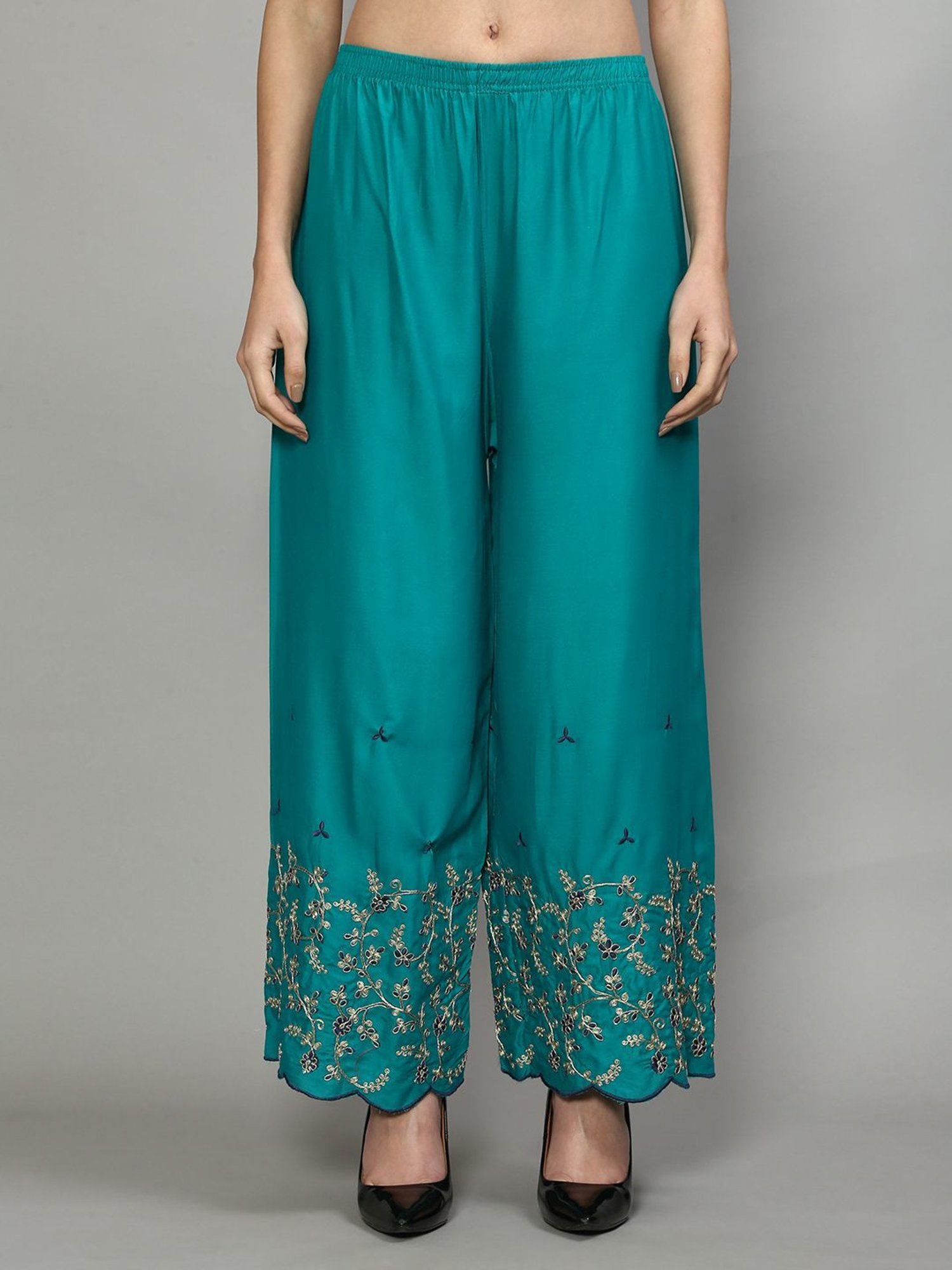 Gracit Green & Turquoise Embroidered Palazzos - Pack Of 2