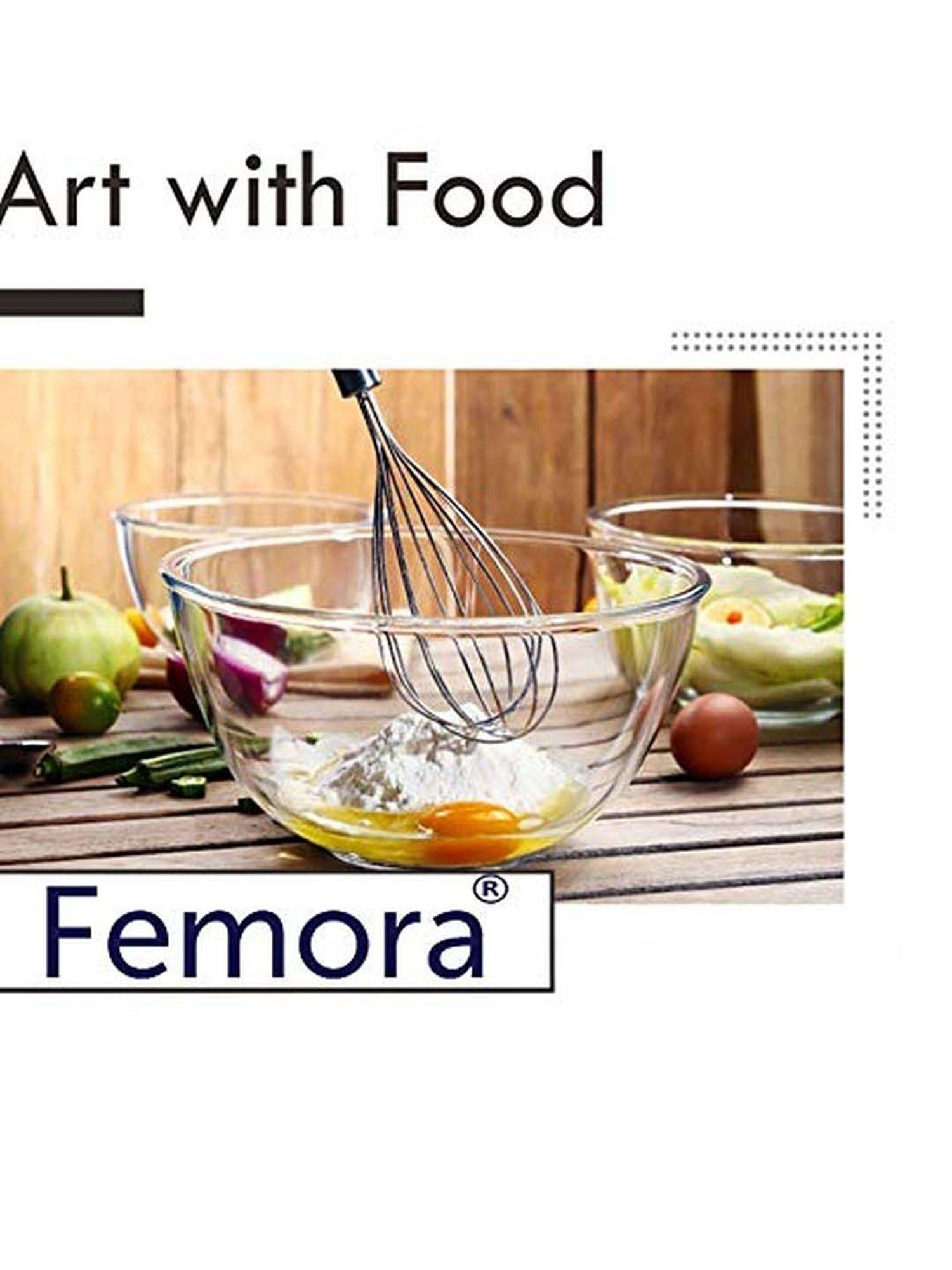 Femora Borosilicate Glass Microwave Safe Mixing Bowls (400 ml, 1050 ml & 1650 ml) - Set of 3