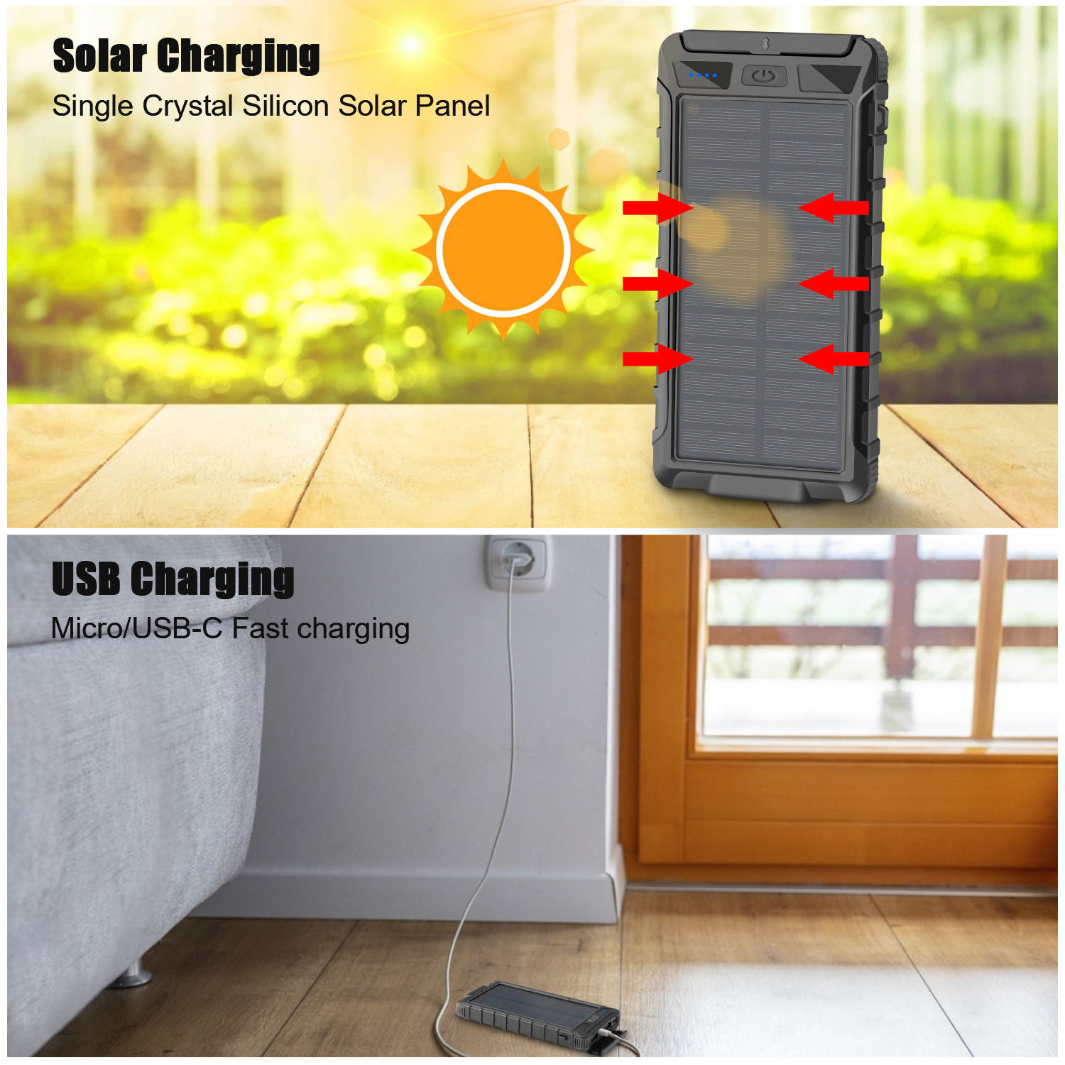 Donwell LED Light Digital Display Solar Wireless Charger High Capacity 10000mA Fast Charging Mobile Power Supply Portable Power Bank for iPhone/iPad/iPod/Samsung ,and more