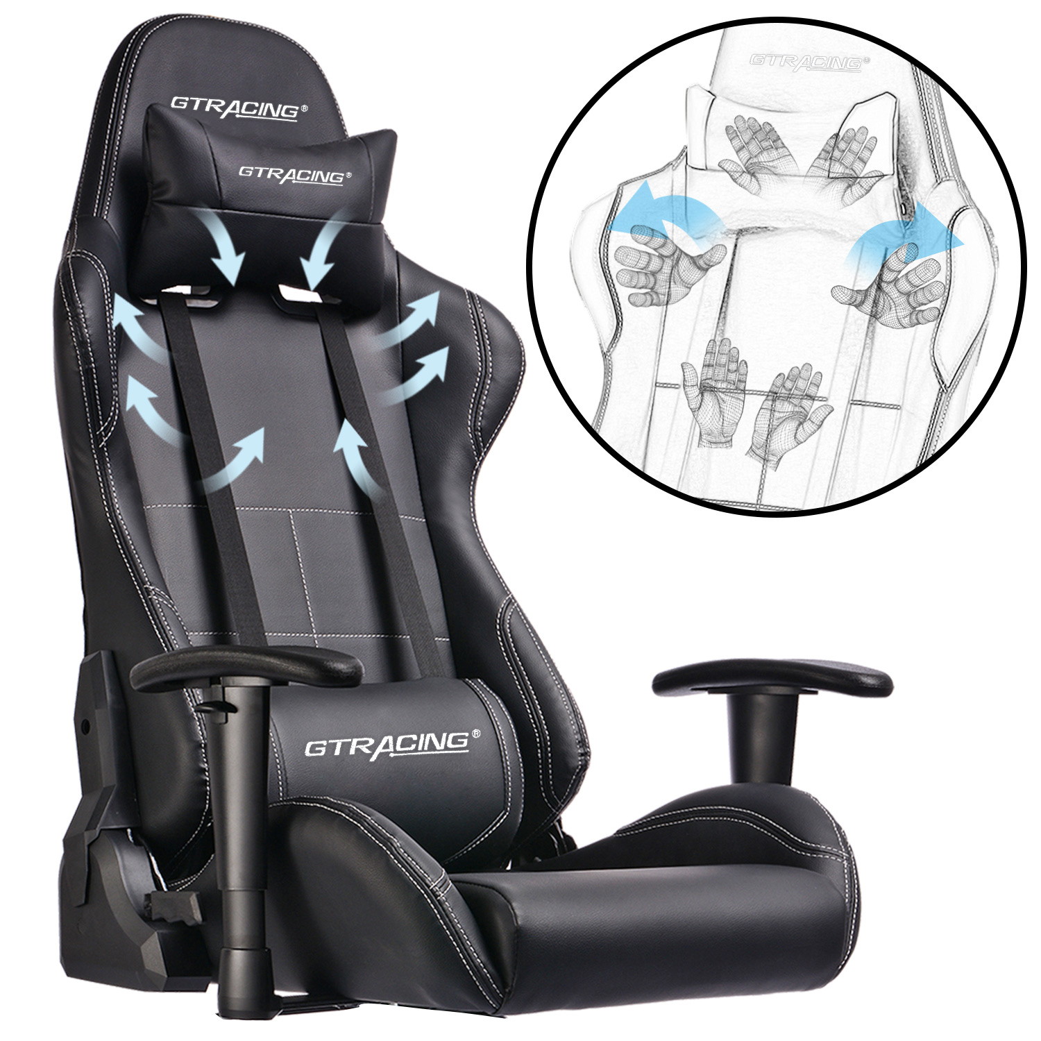 GTRACING Ergonomic Office Chair - Racing Seat, Height Adjustment, Pillows, Recliner, Swivel Rocker Tilt, for E-Sports, Computers, and Gaming
