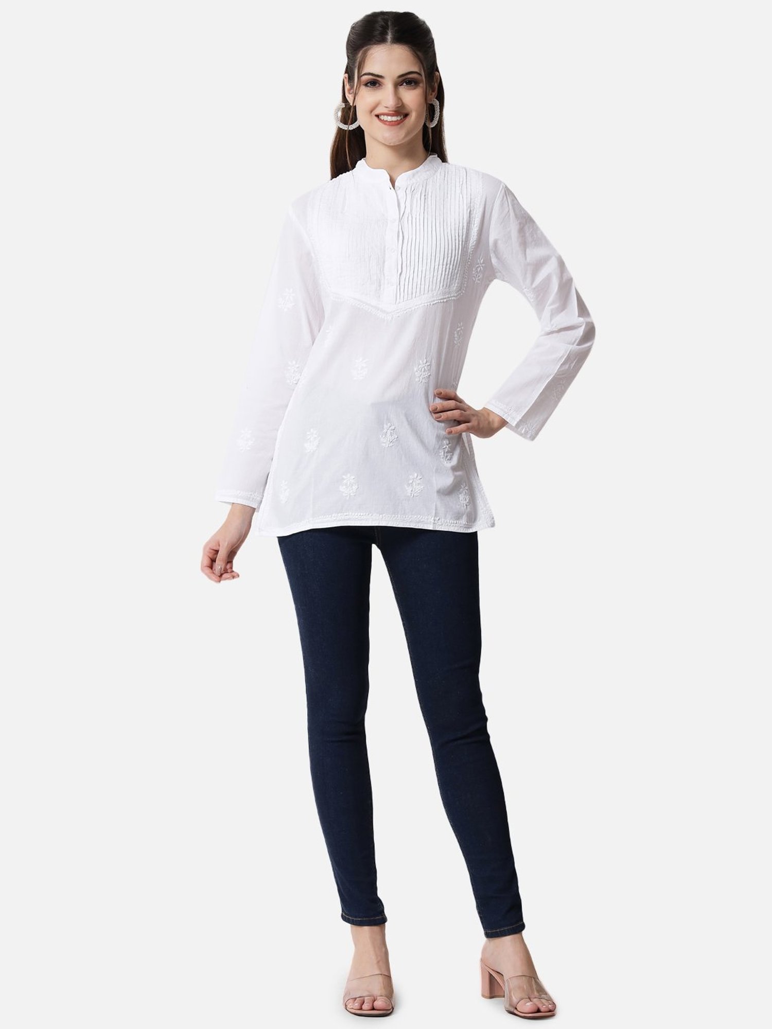 PARAMOUNT CHIKAN Pearl White Cotton Hand Embroidered Chikankari A Line Short Kurti