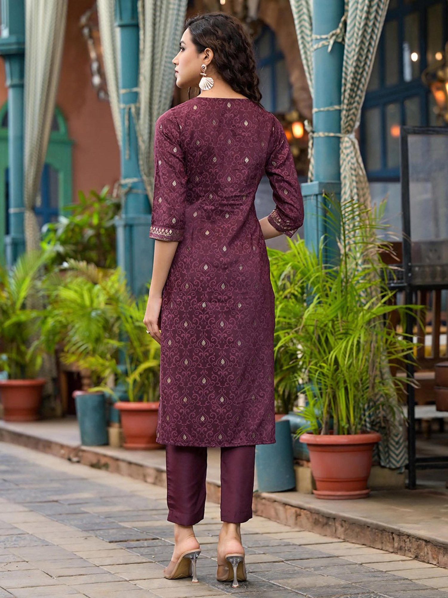 Juniper Wine Printed Kurta With Pant & Dupatta