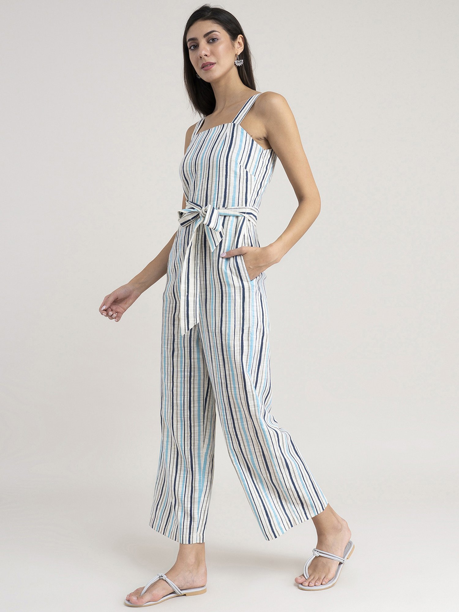 Pink Fort Off-White & Blue Cotton Striped Jumpsuit