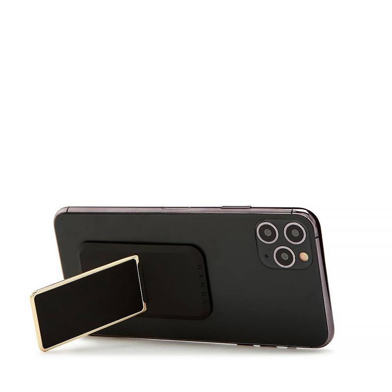 HANDLstick Phone Grip Smooth Leather Gold Trim - Black