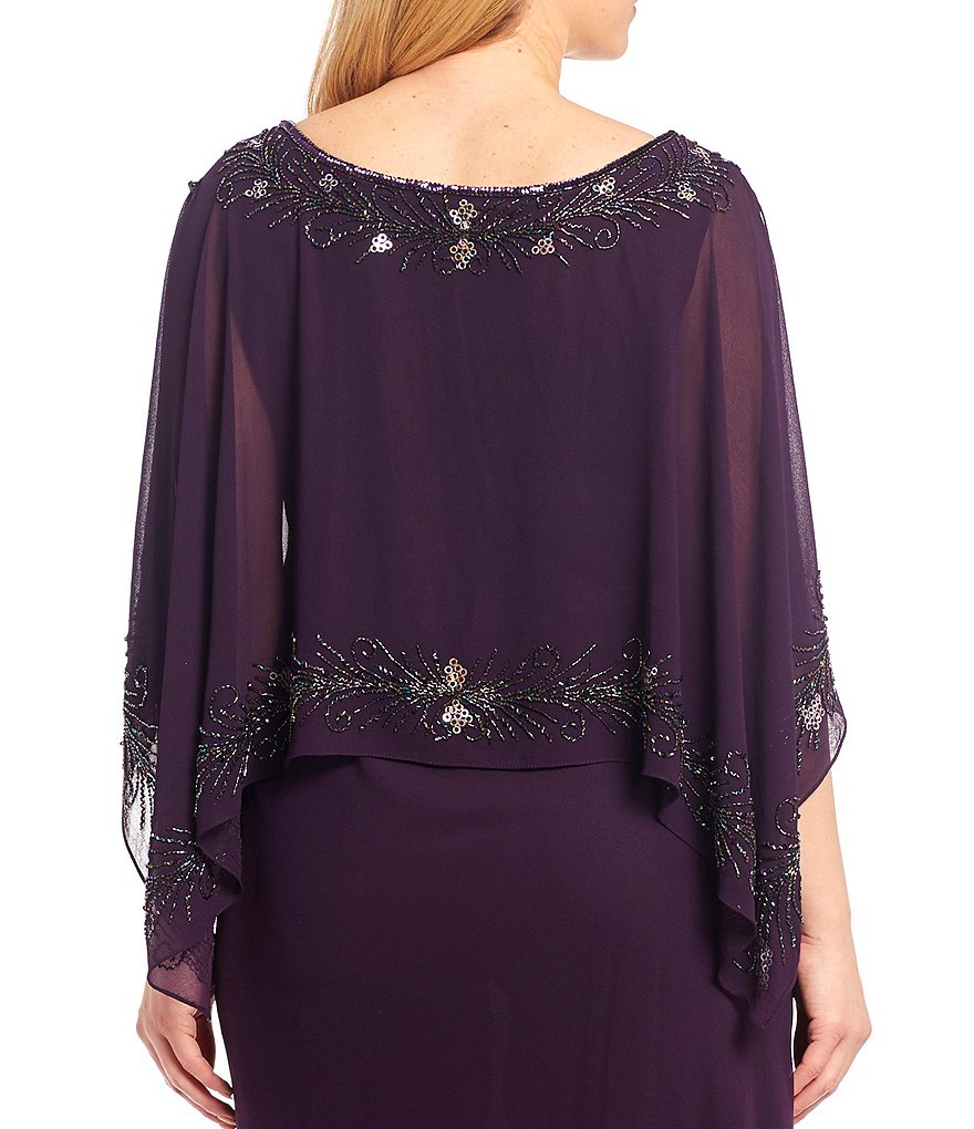 Jkara Plus Size Beaded Pop Over Bateau Neck 3/4 Capelet Sleeve Capelet Gown
