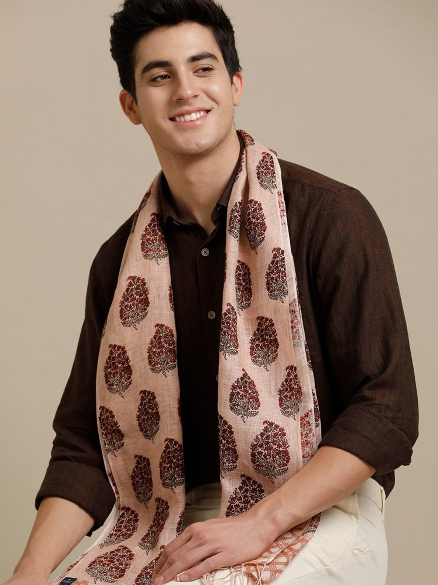 Linen Club Brown Printed Pure Linen Stole
