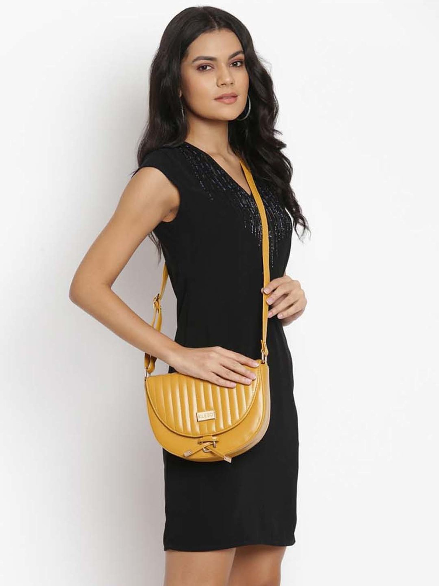 KLEIO Yellow Quilted Medium Sling Handbag