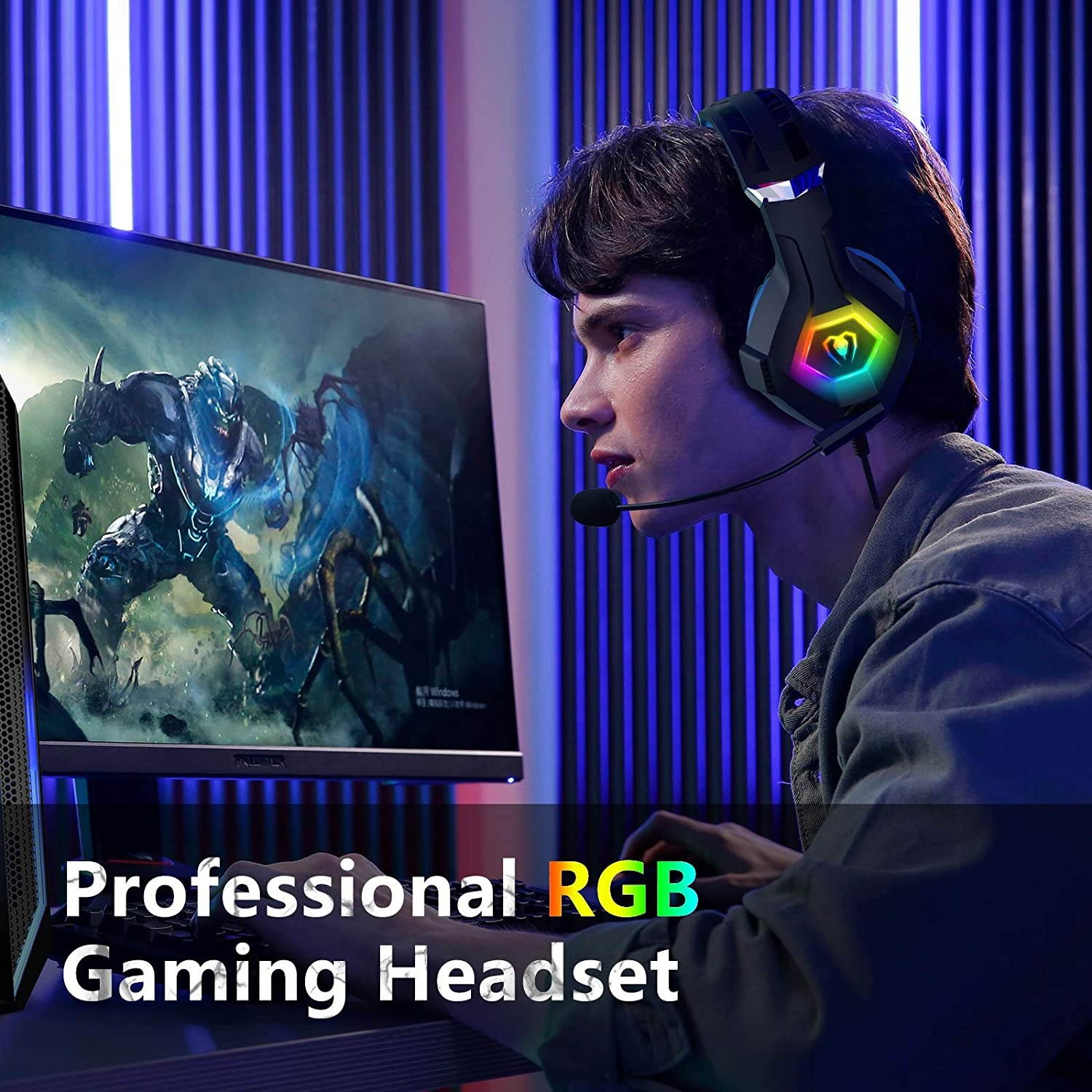 Gaming Headset PS4 Headset Pro 7.1 Surround Sound Noise Canceling Flexible Mic with 2pcs Mic Cover RGB LED Light Memory Earmuffs for Xbox one Nintendo Switch PC