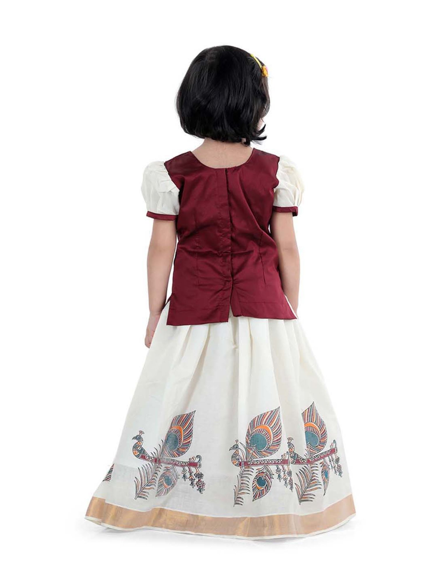 BownBee Kids Maroon & White Printed Pavda Pattu Lehenga