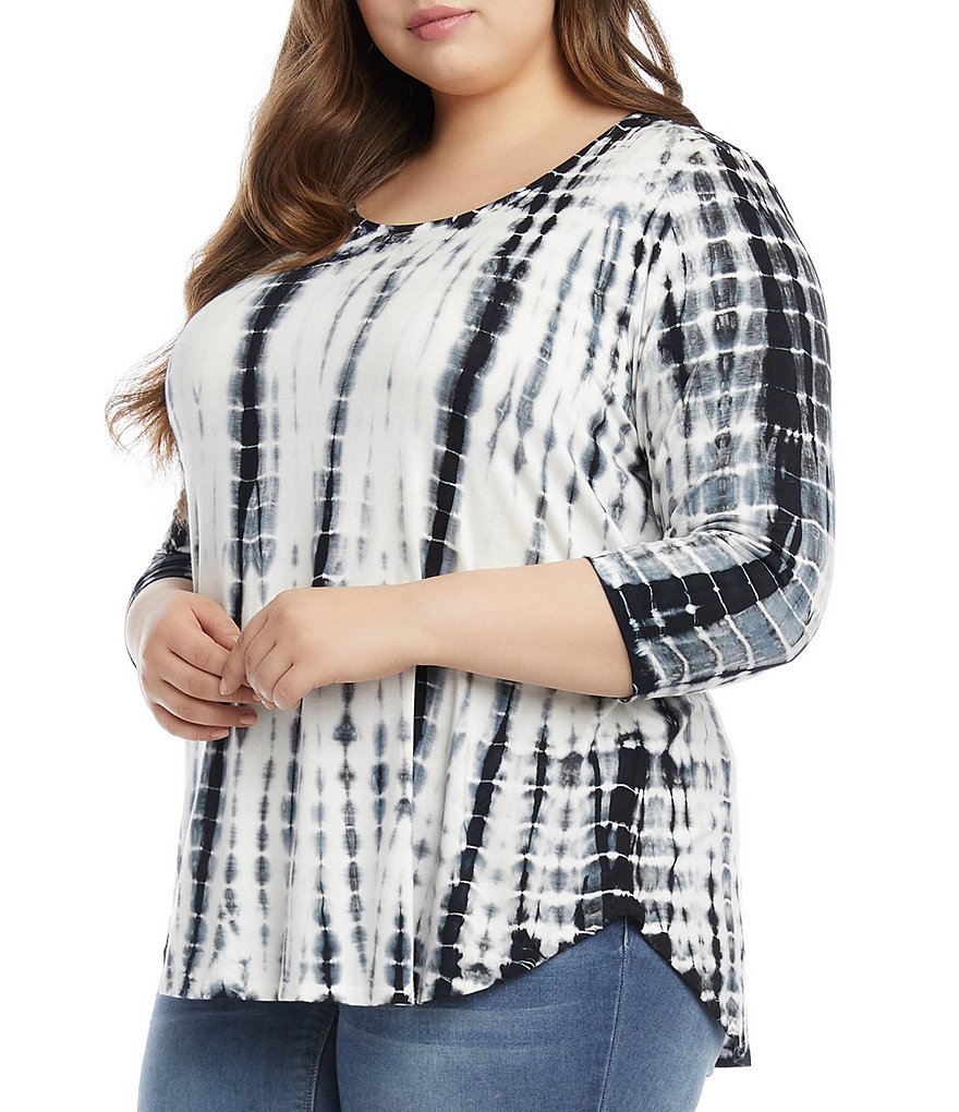 Karen Kane Plus Size Tie Dye Knit Jersey Scoop Neck 3/4 Sleeve Tee