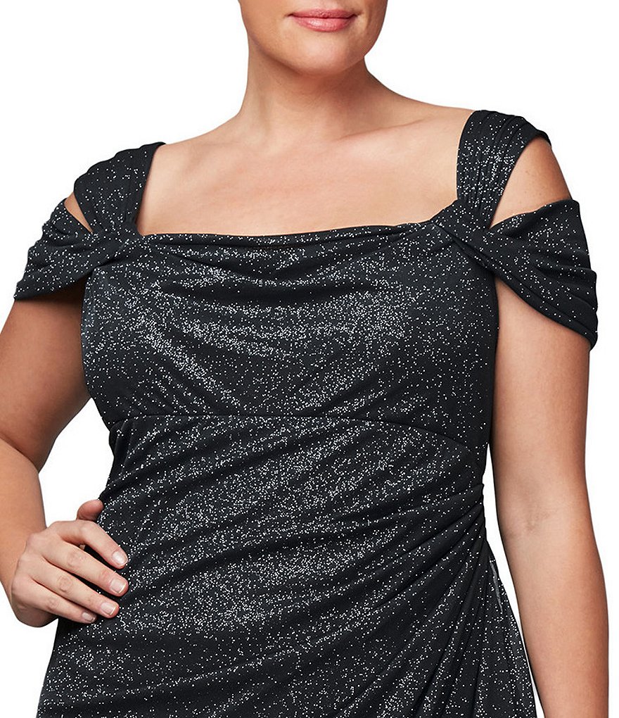 Alex Evenings Plus Cold Shoulder Cowl Neck Cap Sleeve Glitter Mesh Gown
