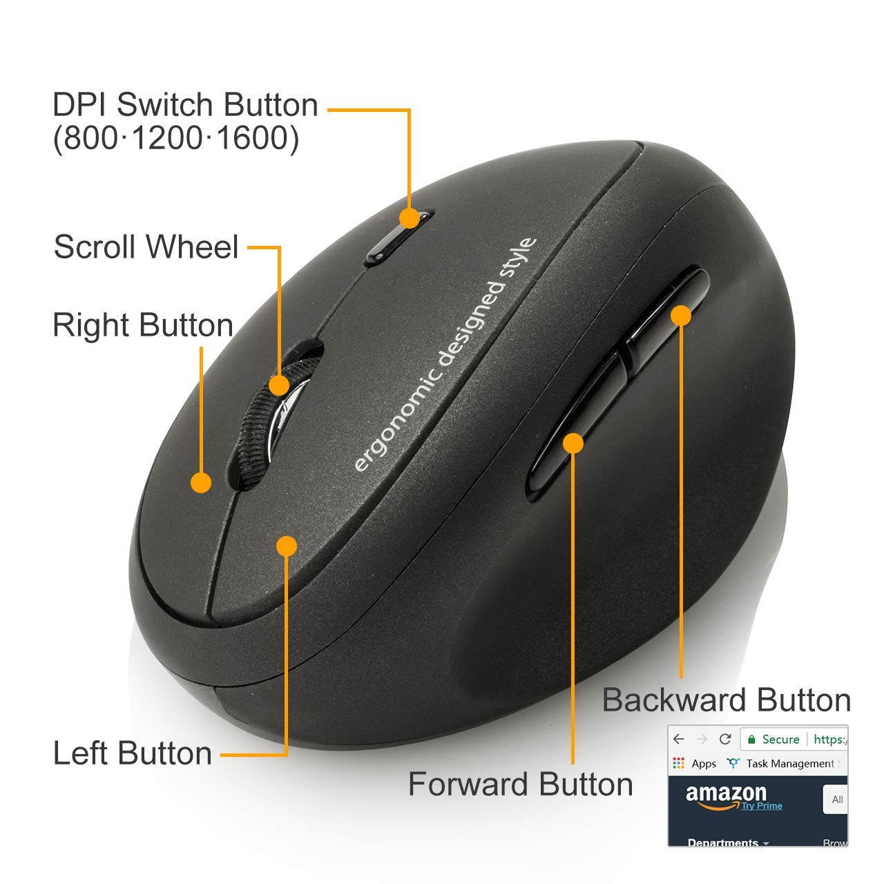 Wired Ergonomic Mouse, Optical Vertical Mice, for Small Hands, Reduce Wrist Strain, (1000/1600 Adjustable DPI, 6 Buttons) Compatible with MacBook, Laptop, Desktop, Windows, Mac OS, GMAERG16