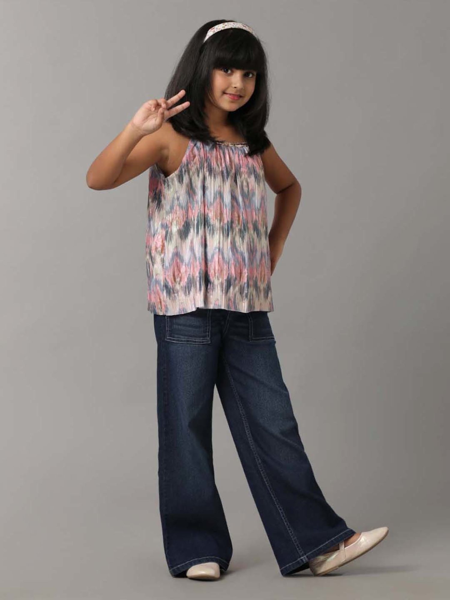 Under Fourteen Only Kids Pink & Grey Printed Top