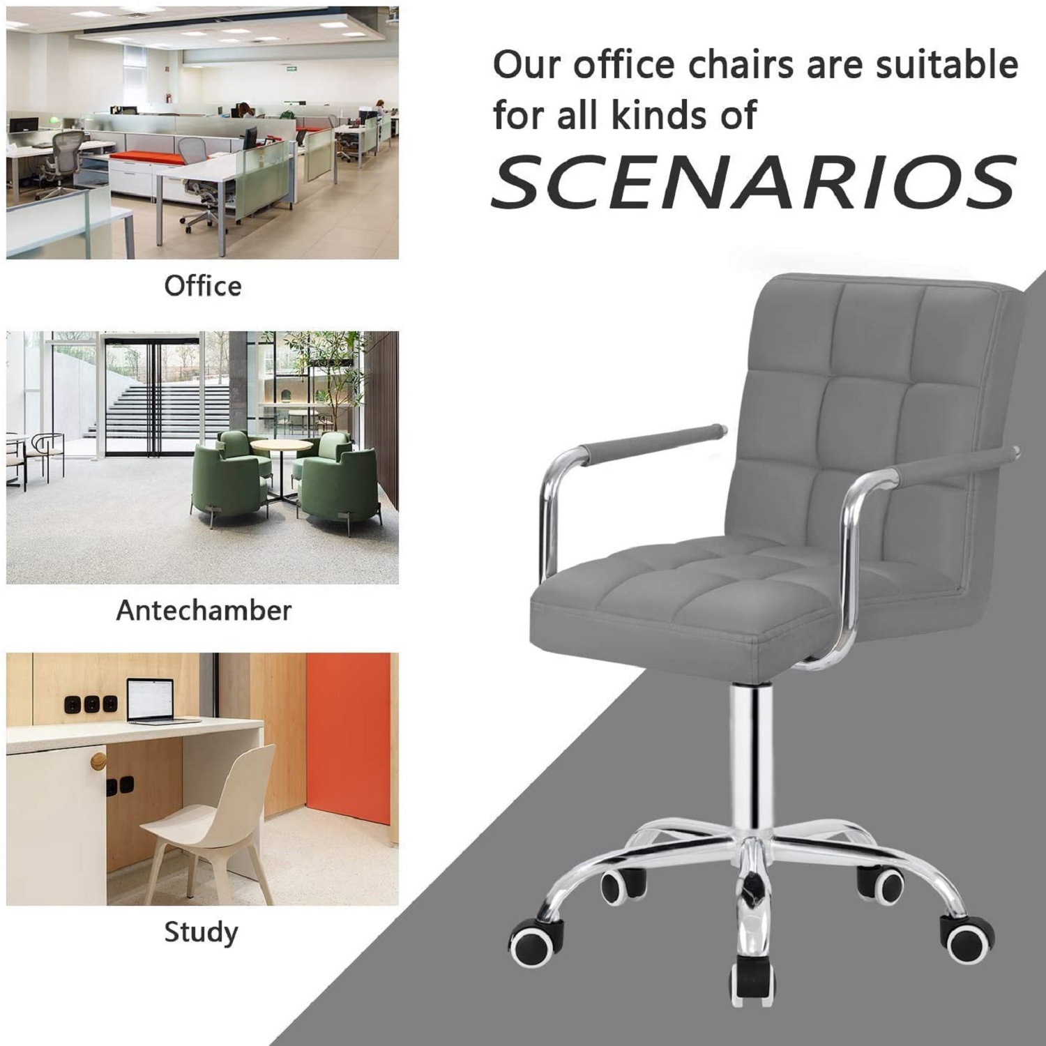 Furmax Mid-Back Office Task Chair Ribbed PU Leather Executive Chair Modern Adjustable Home Desk Chair Retro Comfortable Work Chair 360 Degree Swivel with Arms (Gray)