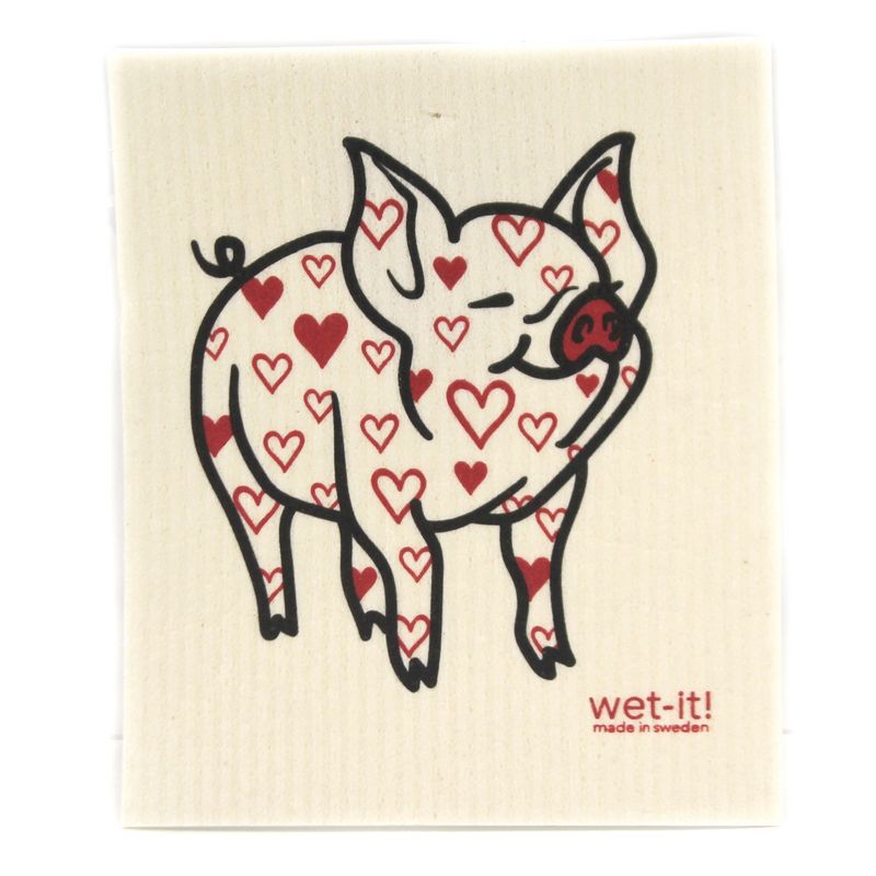 Swedish Dish Cloth 7.75" Pig And Hearts Absorbent Cleaning Cloth Valentines  -  Dish Cloth