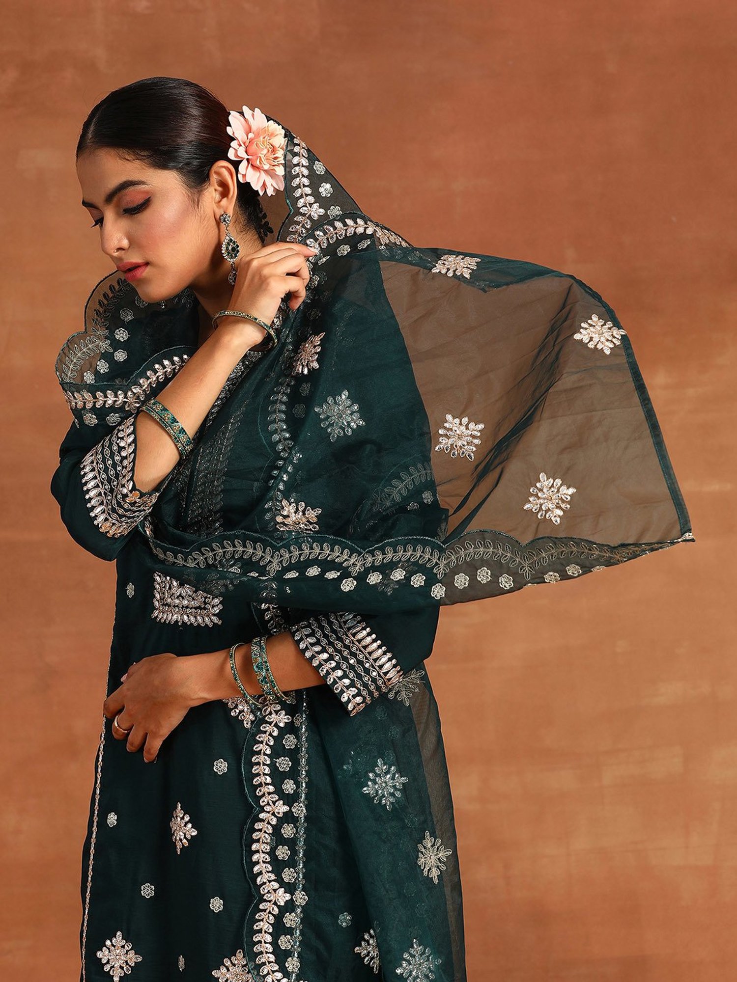 Indo Era Green Embroidered Kurta With Pant & Dupatta