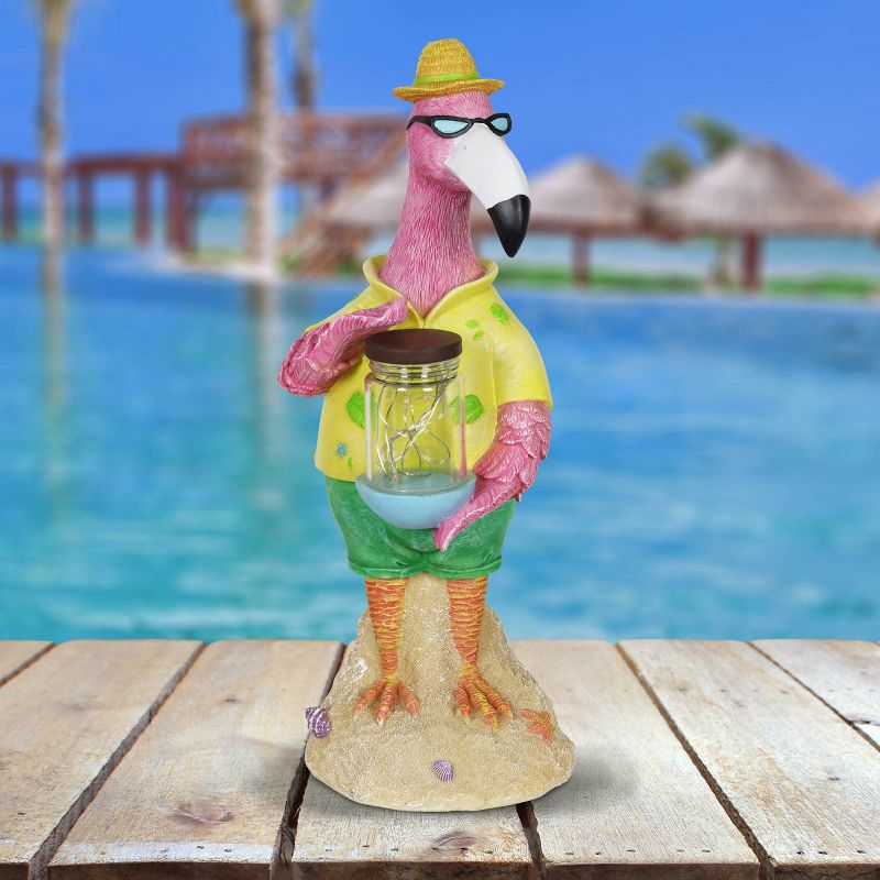 13" Solar Flamingo With Firefly Resin Jar - Exhart