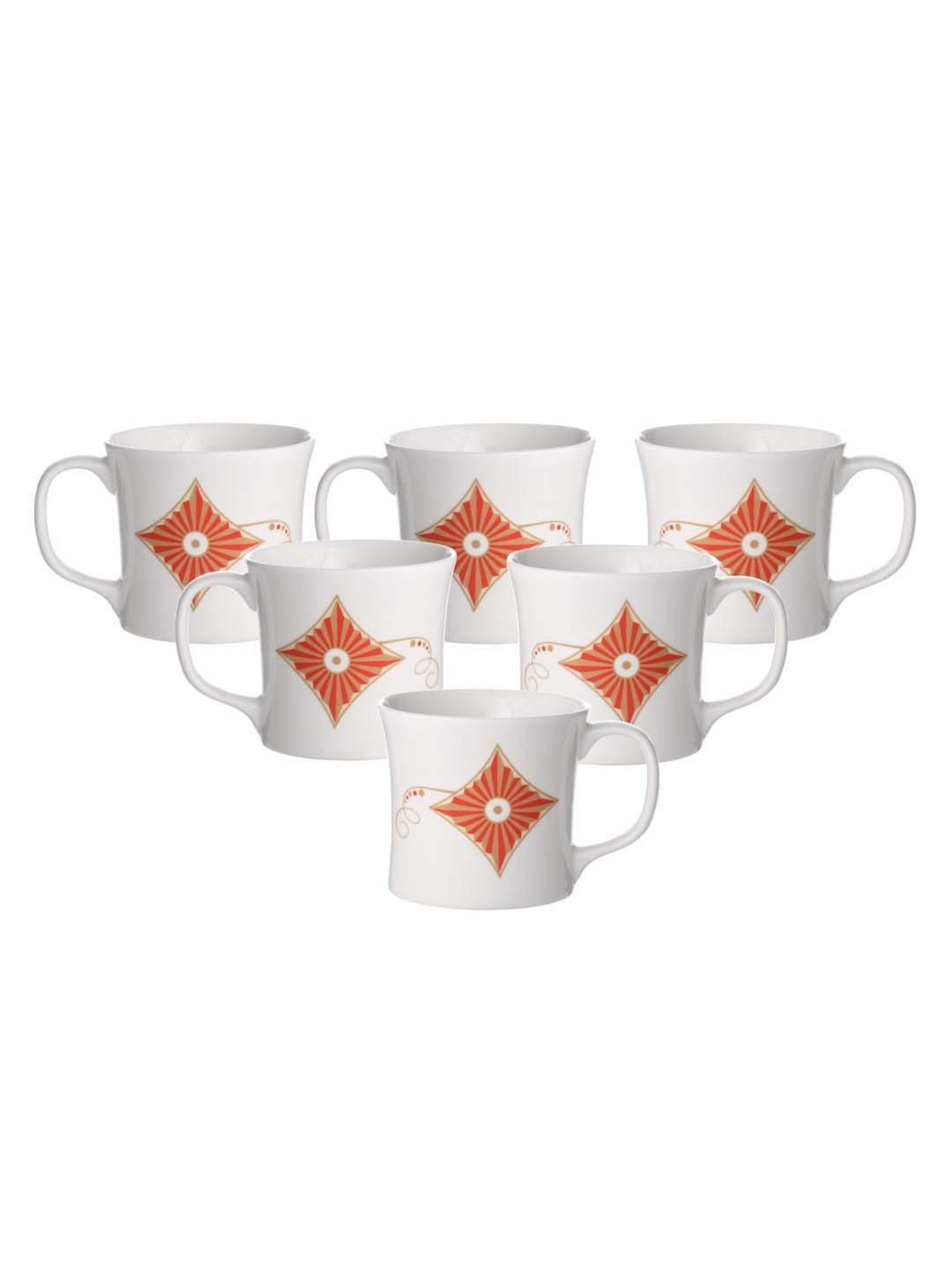 Clay Craft White & Orange Fine Ceramic Coffee & Tea Mugs (140 ml) - Set of 6