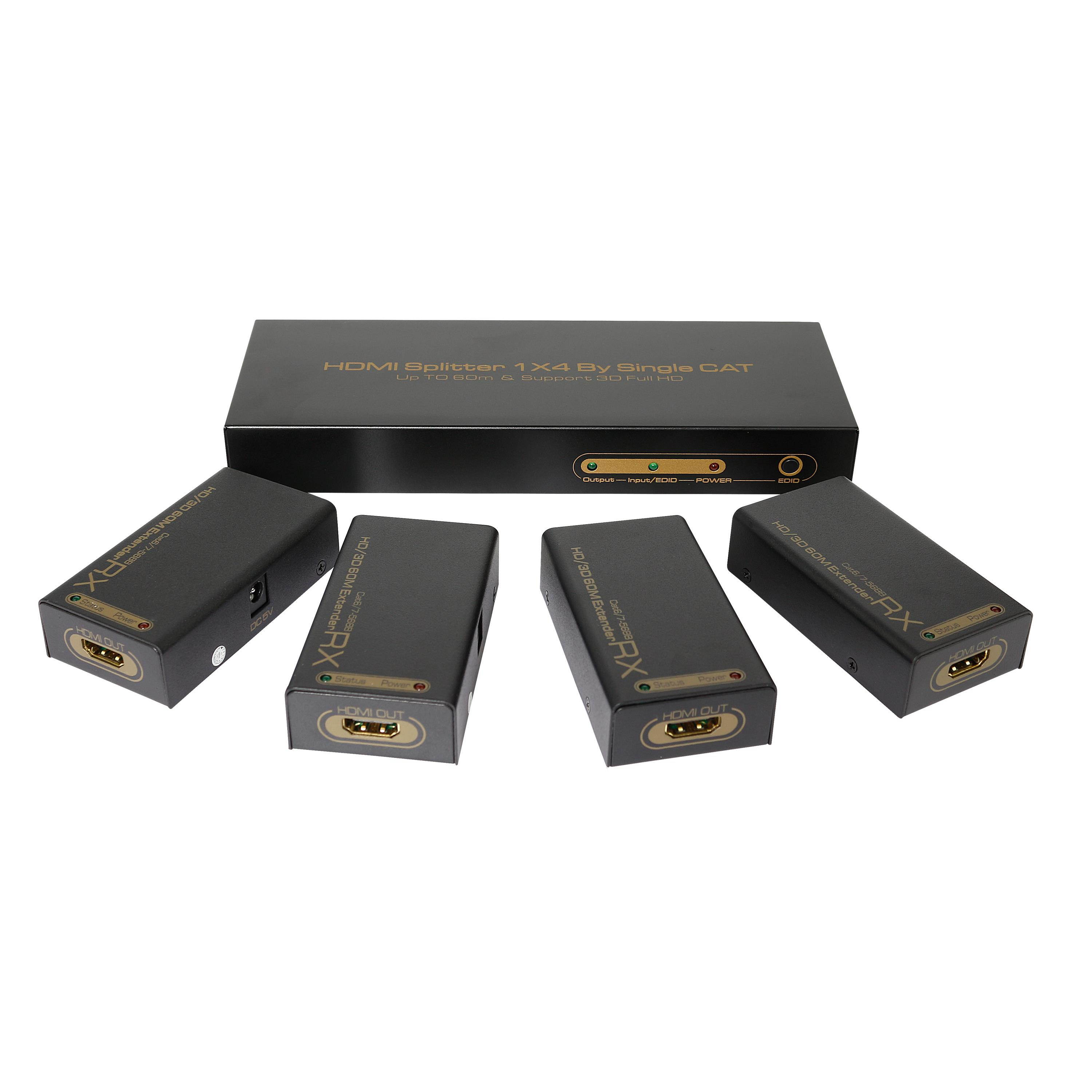 1x4 4 Port HDMI Extender Splitter HDMI Signal Distribution Amplifier  HDMI 1x4 splitter (1 minute 4 cable extender)