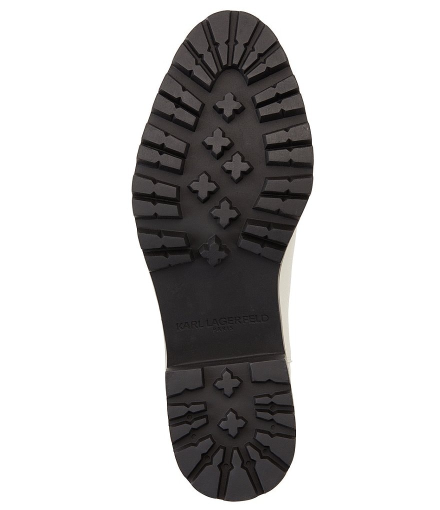 KARL LAGERFELD PARIS Pola Leather Pearl Stud Ankle Strap Lugged Sole Chelsea Booties