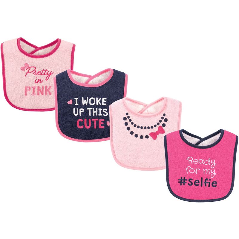Luvable Friends Baby Girl Cotton Drooler Bibs with Fiber Filling 4pk, Selfie, One Size