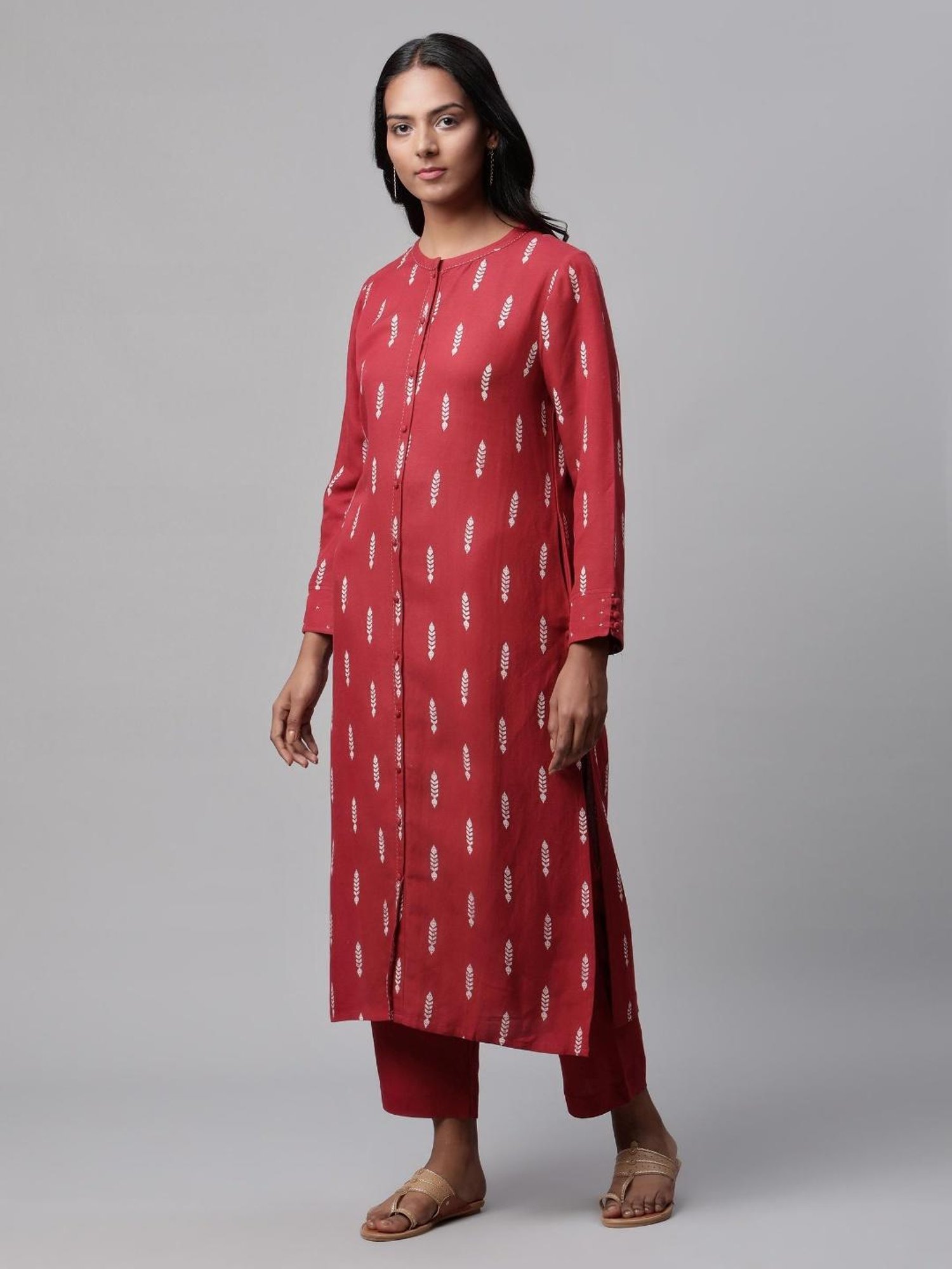Linen Club Women Maroon Printed Kurta