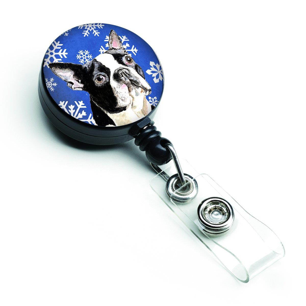 Caroline's Treasures Boston Terrier Winter Snowflakes Holiday Retractable Badge Reel, Multicolor (SC9360BR)