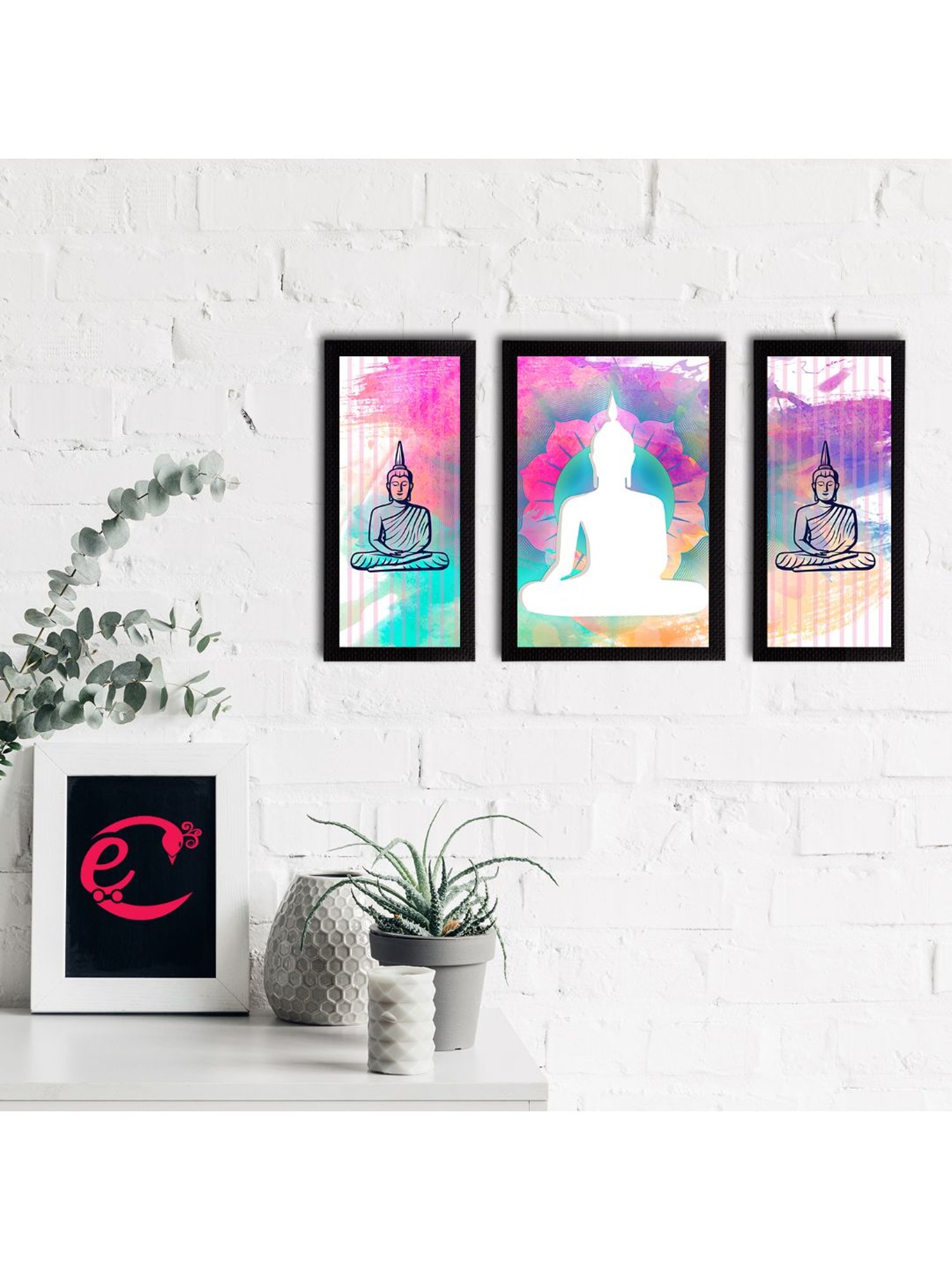 eCraftIndia Set of 3 Meditating Lord Buddha Satin Matt Textured UV Art Painting