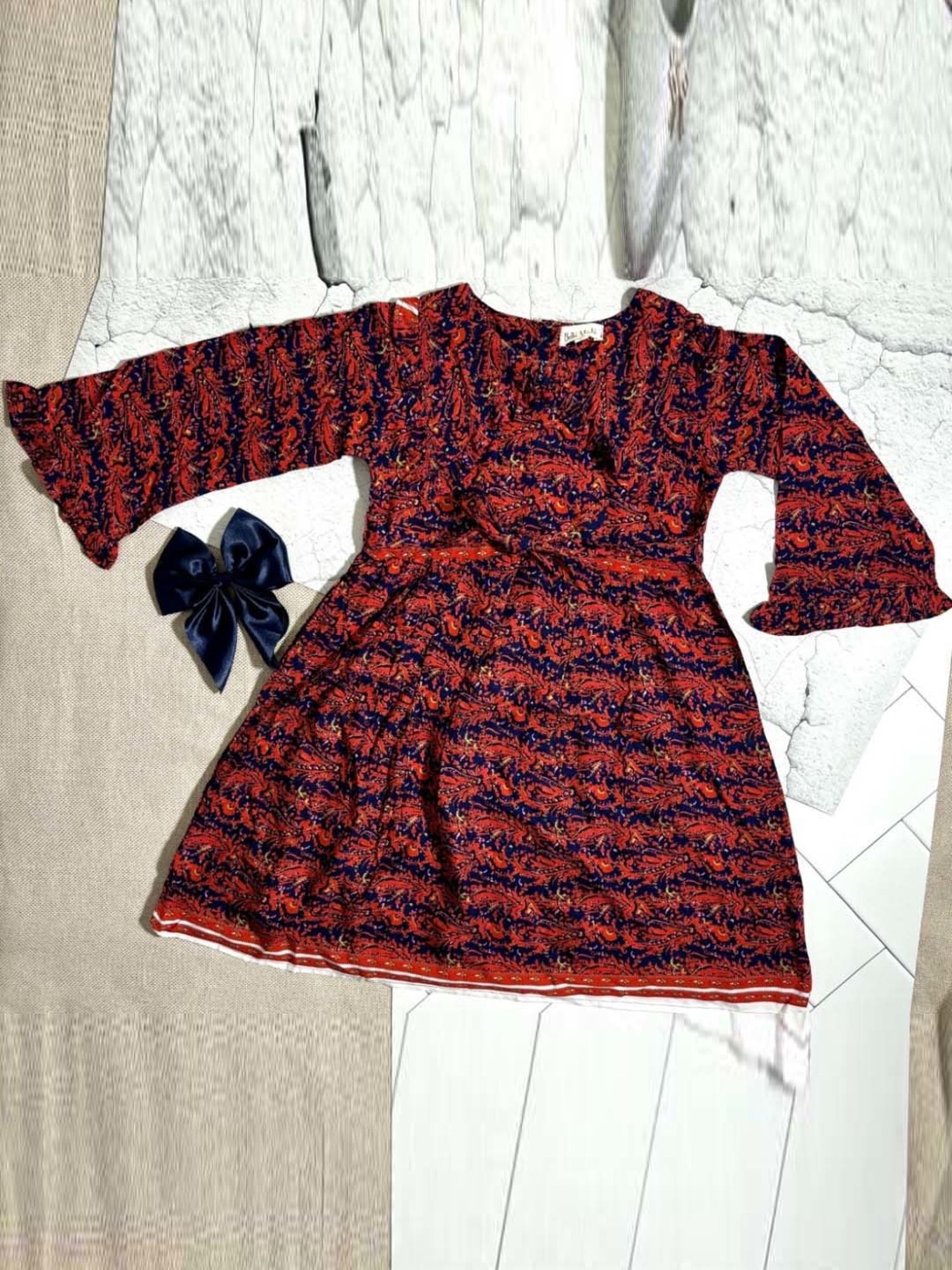 Bella Moda Kids Red & Navy Cotton Printed Full Sleeves Dress