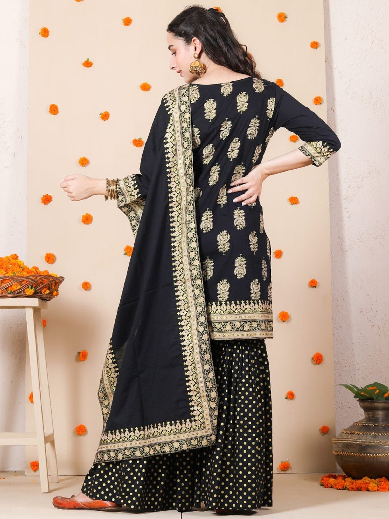 Rustorange Black Printed Kurti Sharara Set With Dupatta