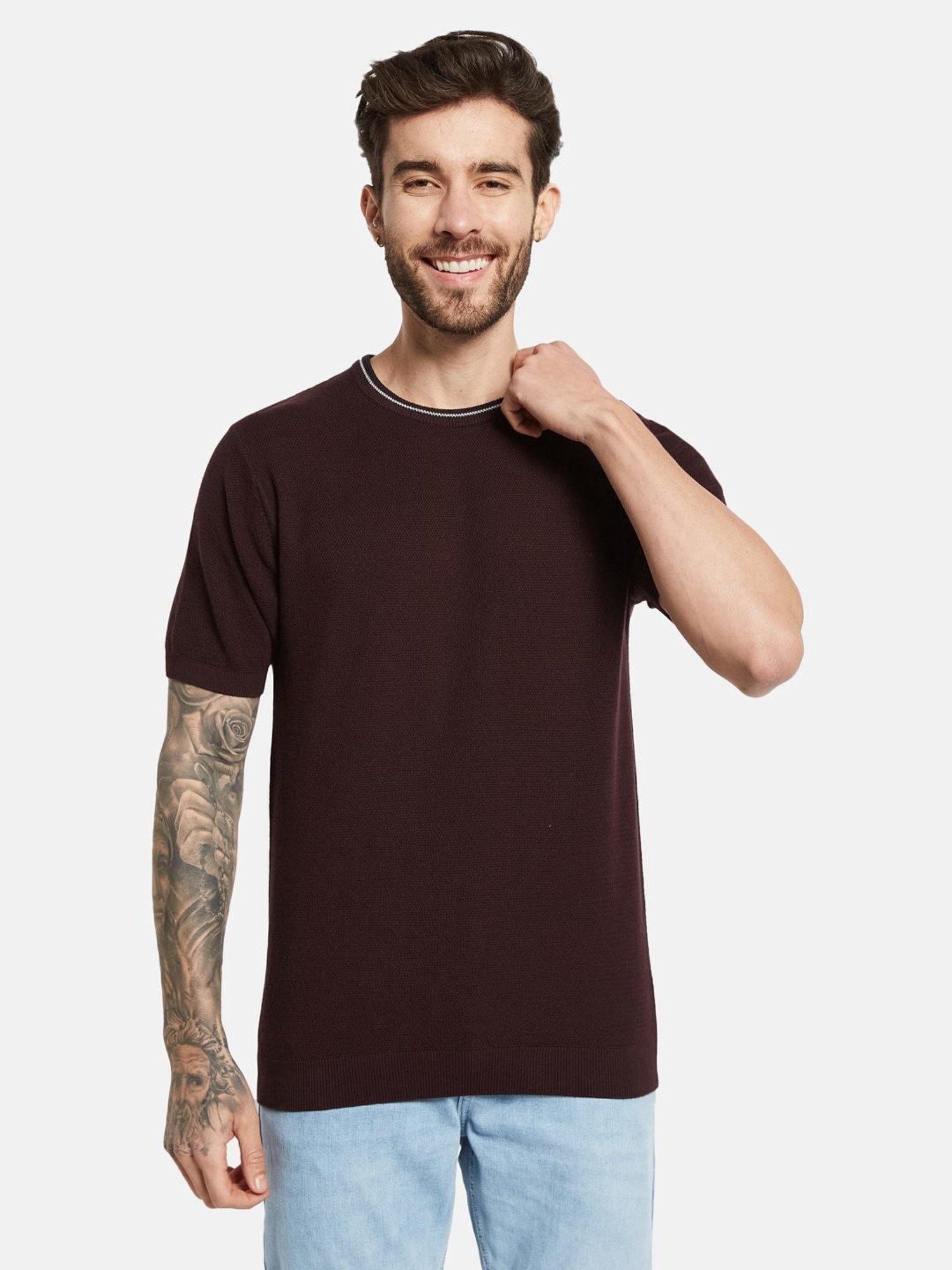 Mettle Wine Cotton Regular Fit T-Shirt
