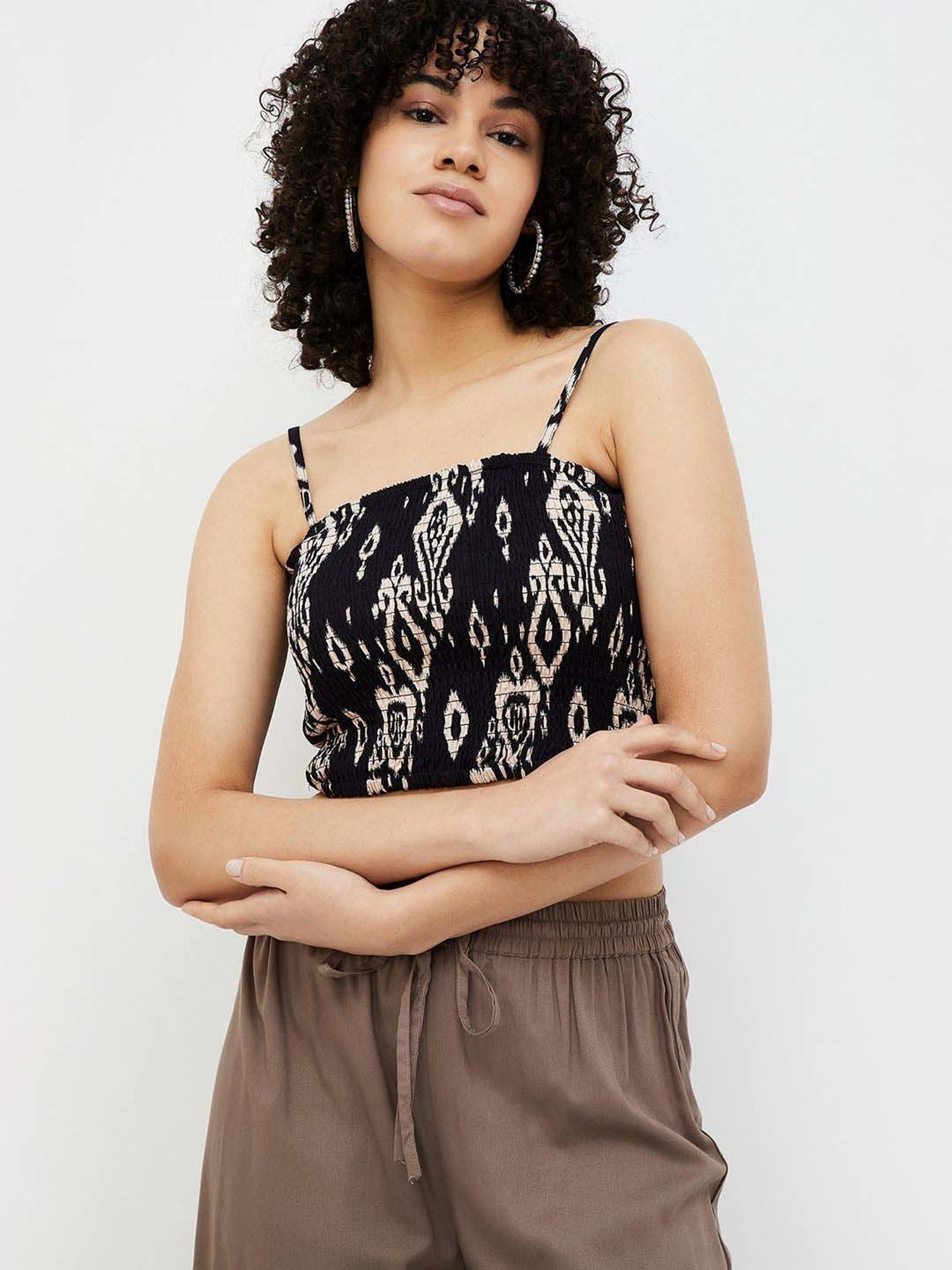 Colour Me by Melange Black & Off-White Cotton Printed Crop Top With Jacket