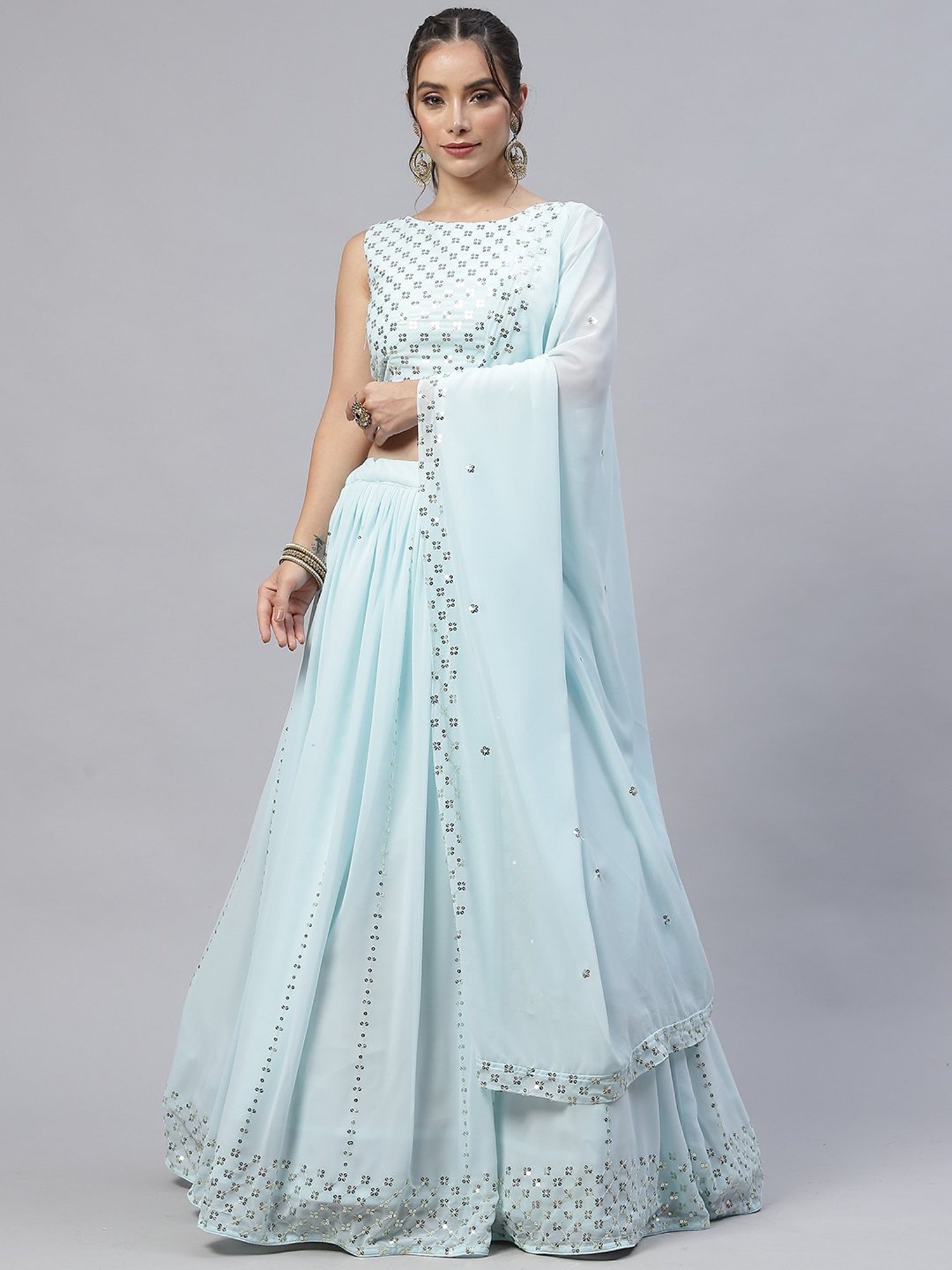 SHUBHKALA Sky Blue Embellished Lehenga Choli Set With Dupatta