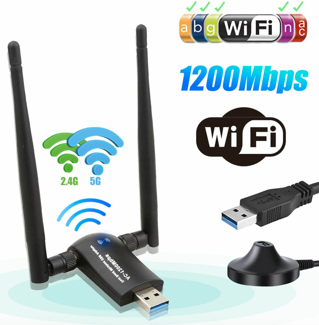 1200Mbps High Speed USB WiFi Adapter Signal Booster W/ Antenna For Windows