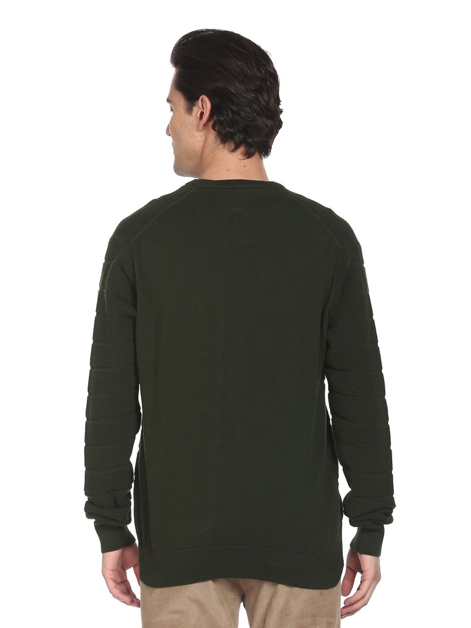 Arrow Sport Olive Cotton Regular Fit Striped Sweater